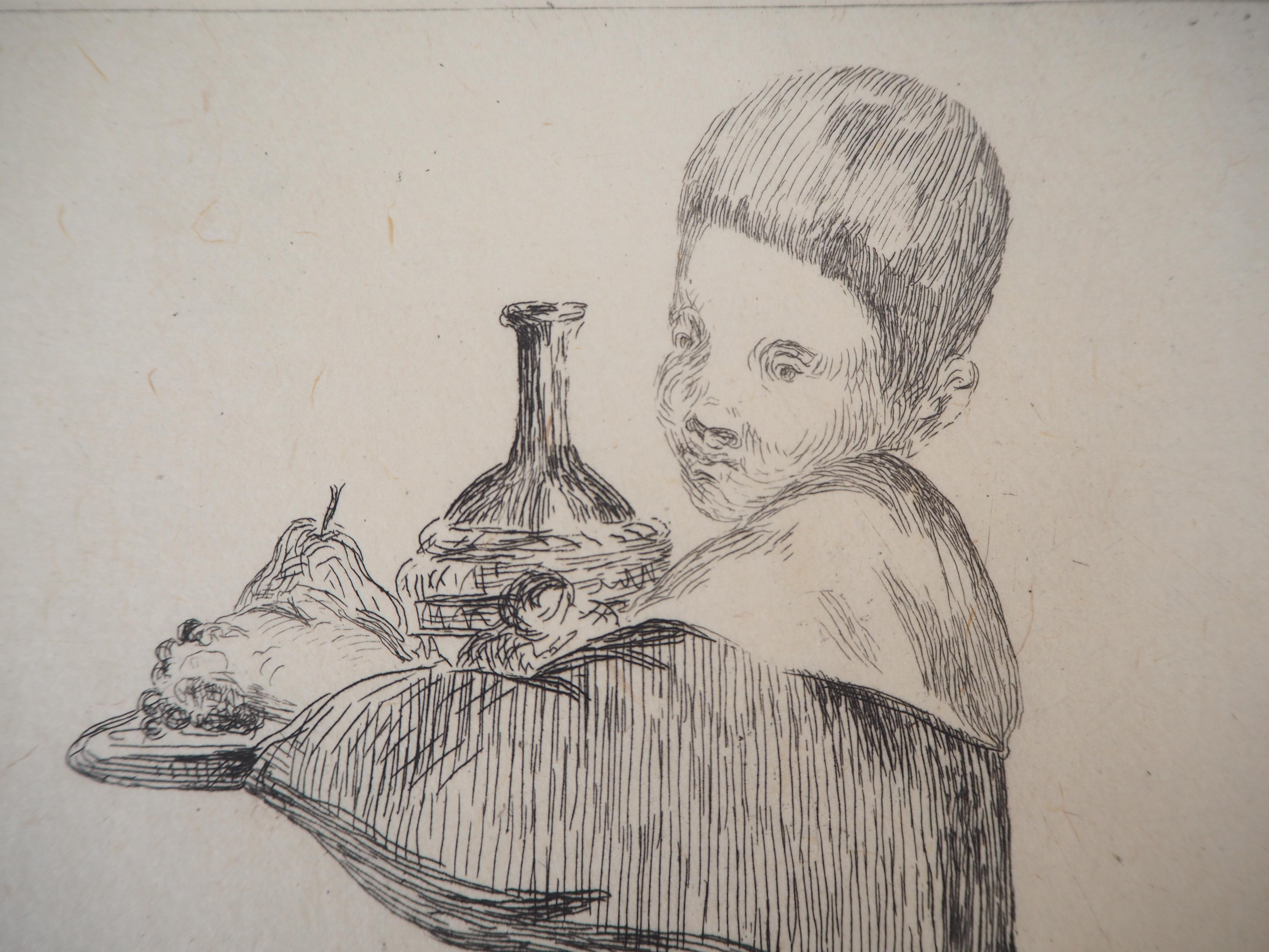 Child with a Tray (Pear and Bottle) - Original Etching (Guerin #15) - Beige Figurative Print by Edouard Manet