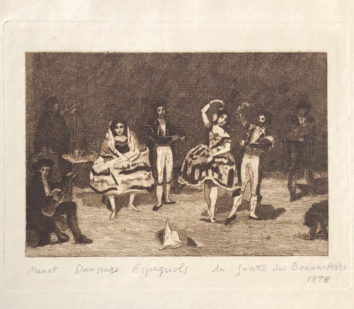 Danseurs Espagnols is an original beautiful etching made by Auguste Lauzet after the painting by the Parisian artist Édouard Manet (1832-1883), the most important interpreter of the Pre-Impressionist artistic movement. The etching was published in
