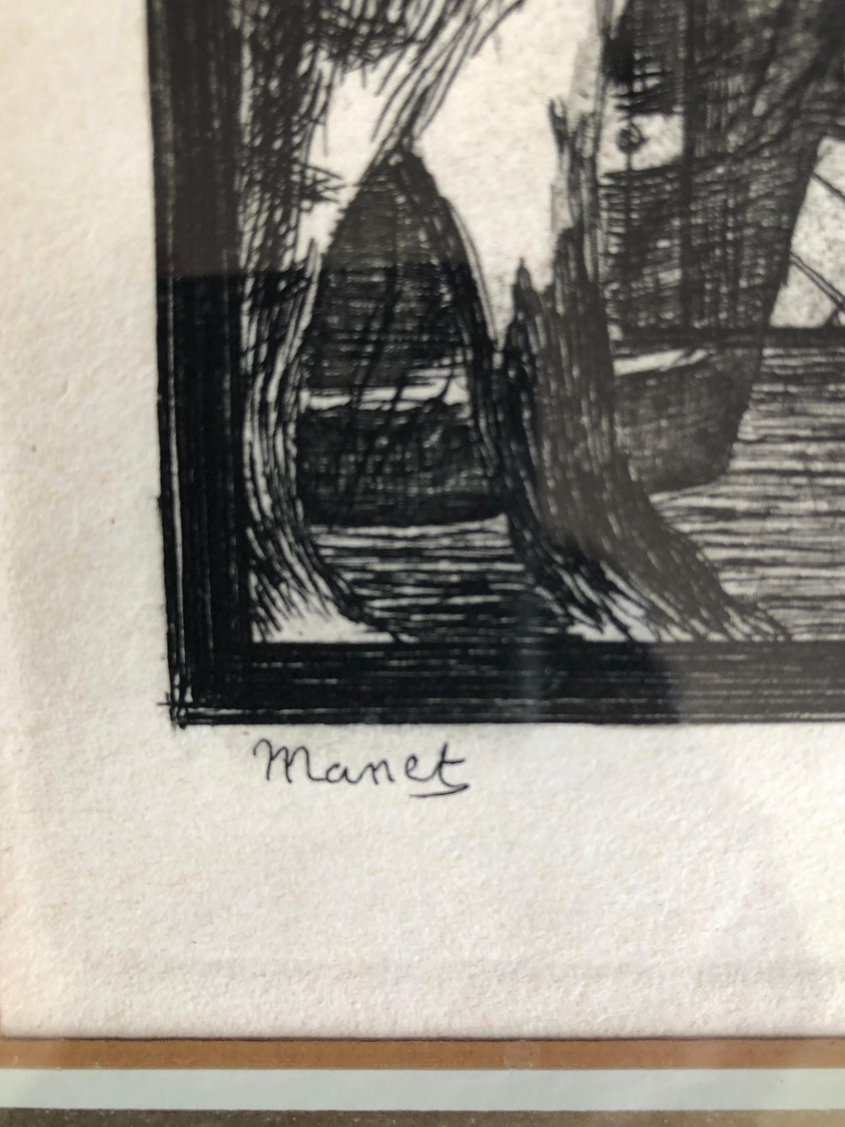 Edouard Manet: 1832-1883. One of the most  important French painters of the 19th century who was the leader in the transition from realism into impressionism. This original 1869 etching and aquatint shows signs of both schools. The etching is signed