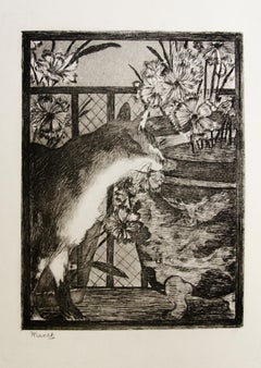 Antique Le Chat et Les Fleurs, Impressionism,  framed etching in dark neutrals