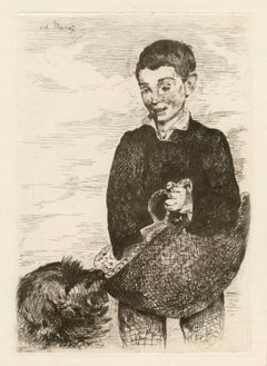 Gravure originale « Le Gamin » - garçon avec un chien