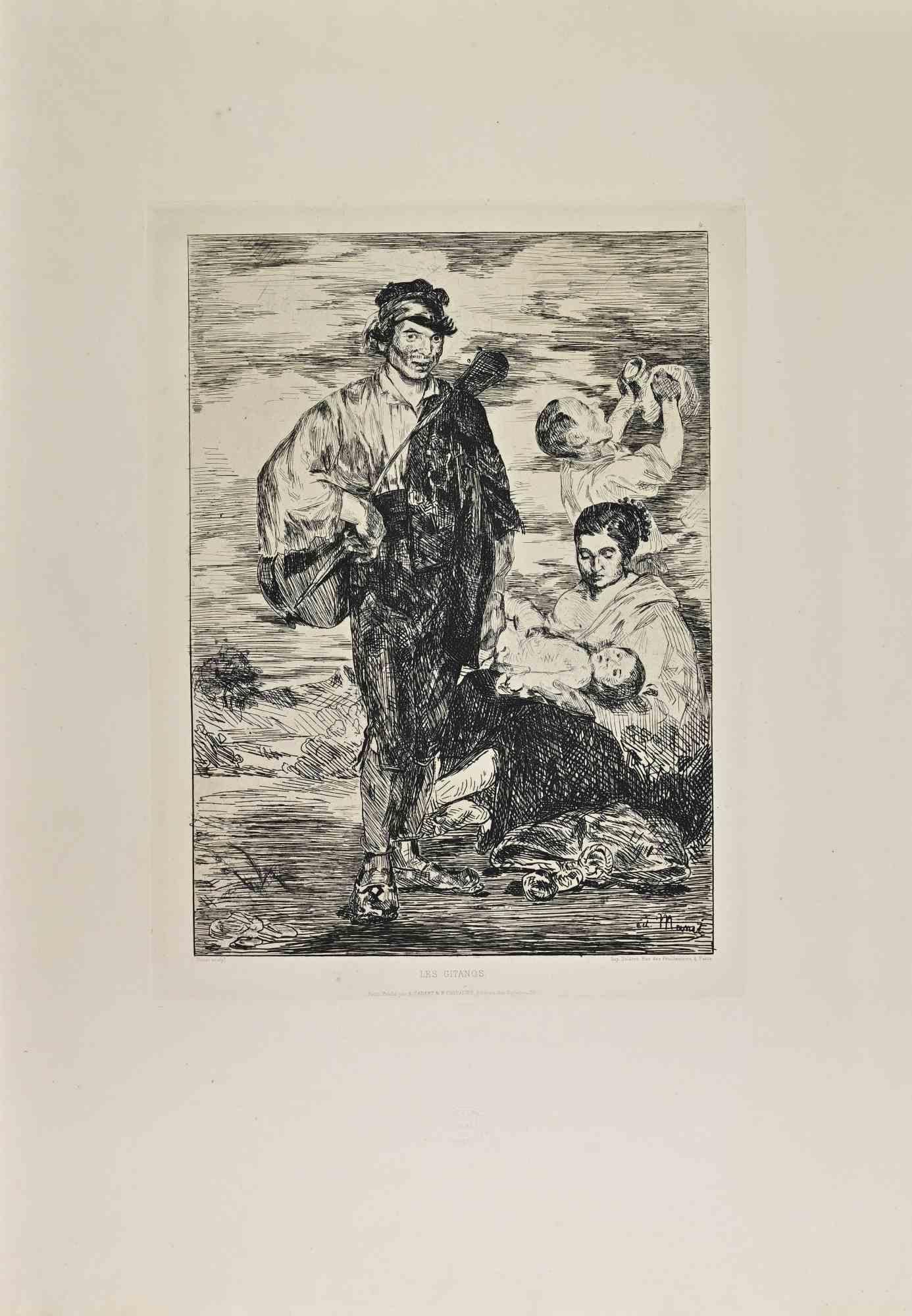 Les Gitanos is a black and White etching realized by Edouard Manet in 1862. 

Titled in the lower.

Second state and lifetime impression realized by Société des Aquafortistes, with featured title "Les Gitanos", and, at the left, "Manet