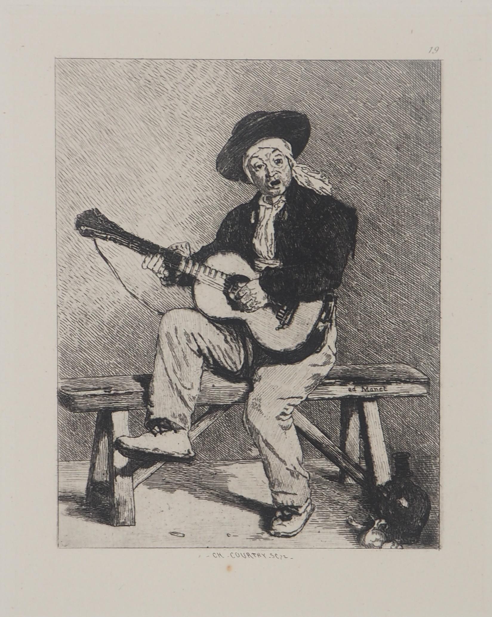 Edouard Manet Portrait Print - Spanish Guitar Player - Original etching - Ed. Durand Ruel, 1873