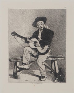 Antique Spanish Guitar Player - Original etching - Ed. Durand Ruel, 1873