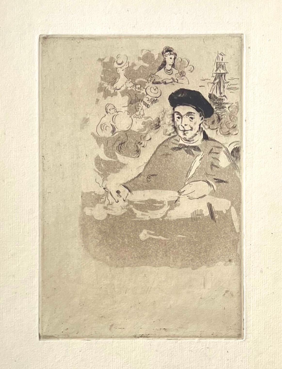 "Théodore de Banville tourné à gauche" original etching - Print by Edouard Manet