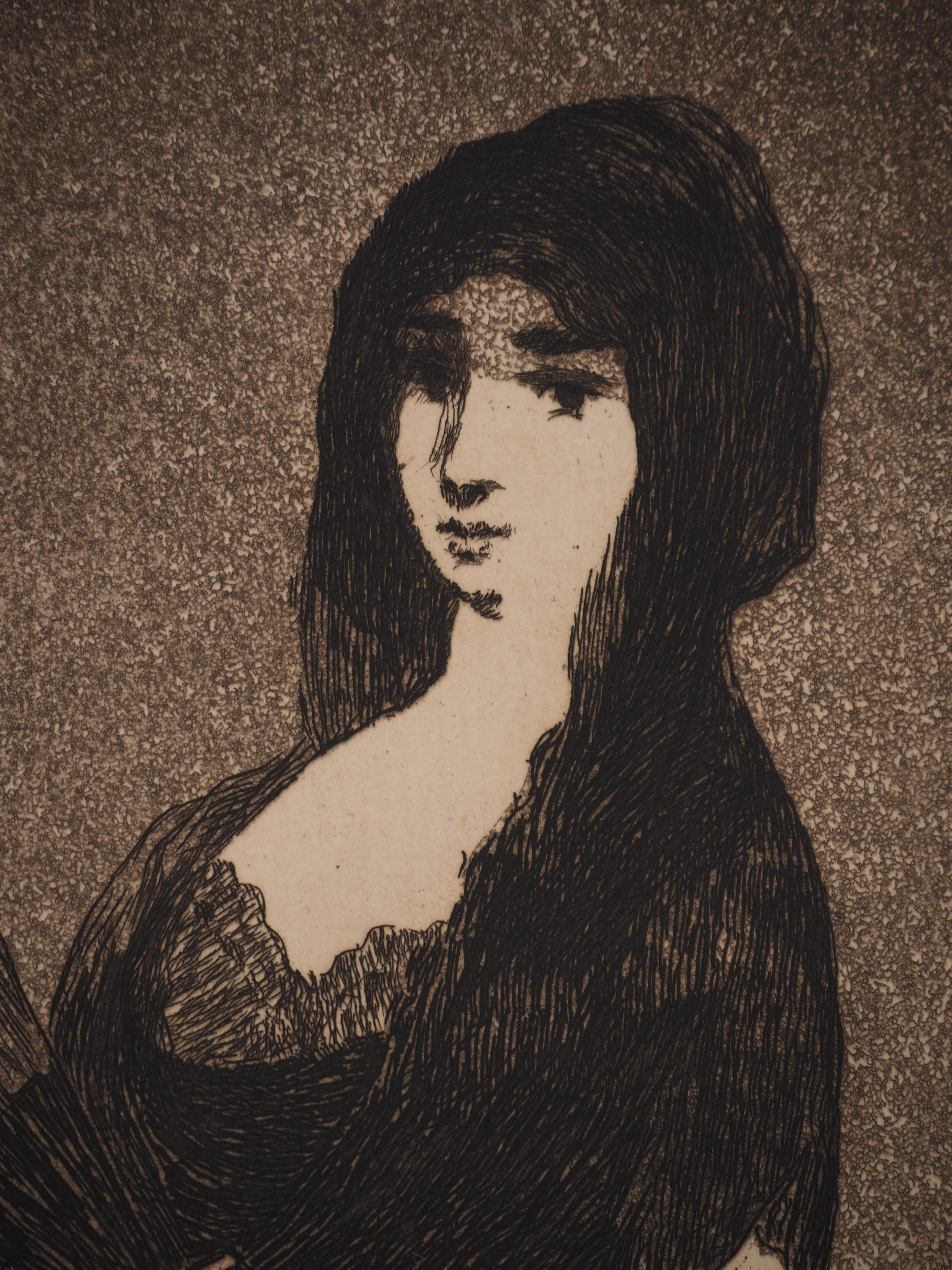 Mujer con mantilla - Grabado original (Guerin #51 Fisher #46) - Figurative Print Negro de Edouard Manet