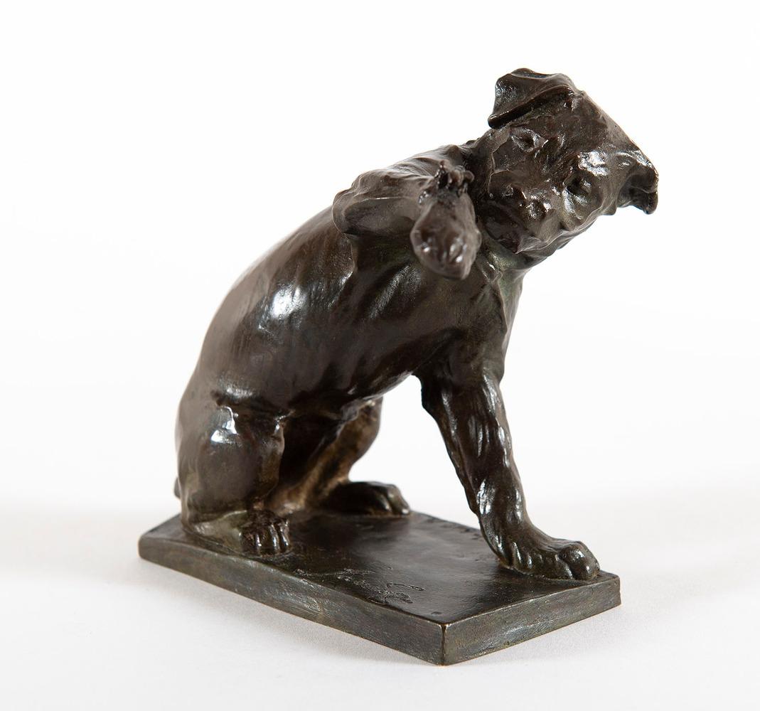 Edouard-Marcel Sandoz Figurative Sculpture - Chien à la sauterelle, by Sandoz, Animals, Sculpture, Bronze, 1910's, Dog