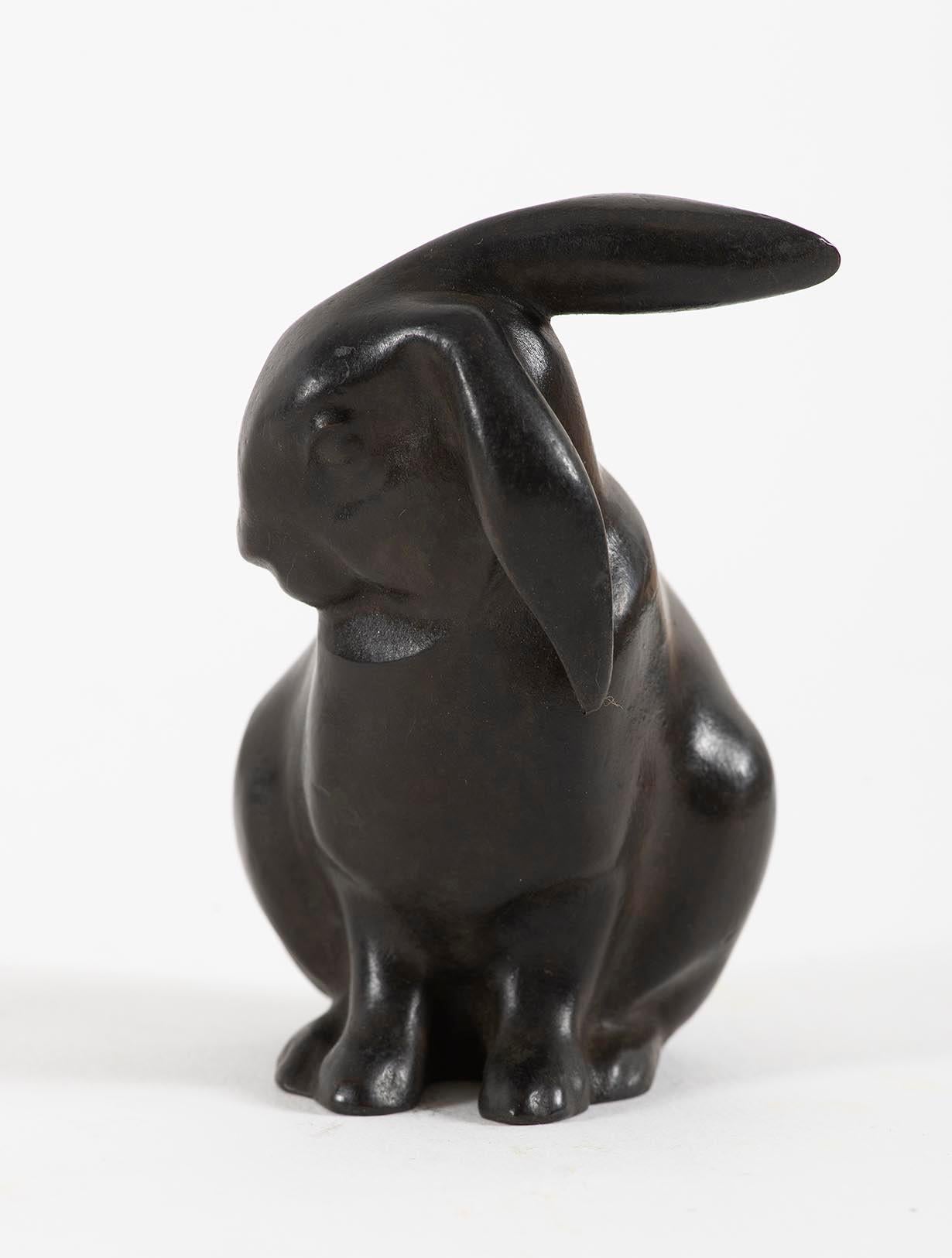 Lapin assis, tête tournée, Sandoz, 1910's, bronze, animal, rabbits, rare proof - Modern Sculpture by Edouard-Marcel Sandoz