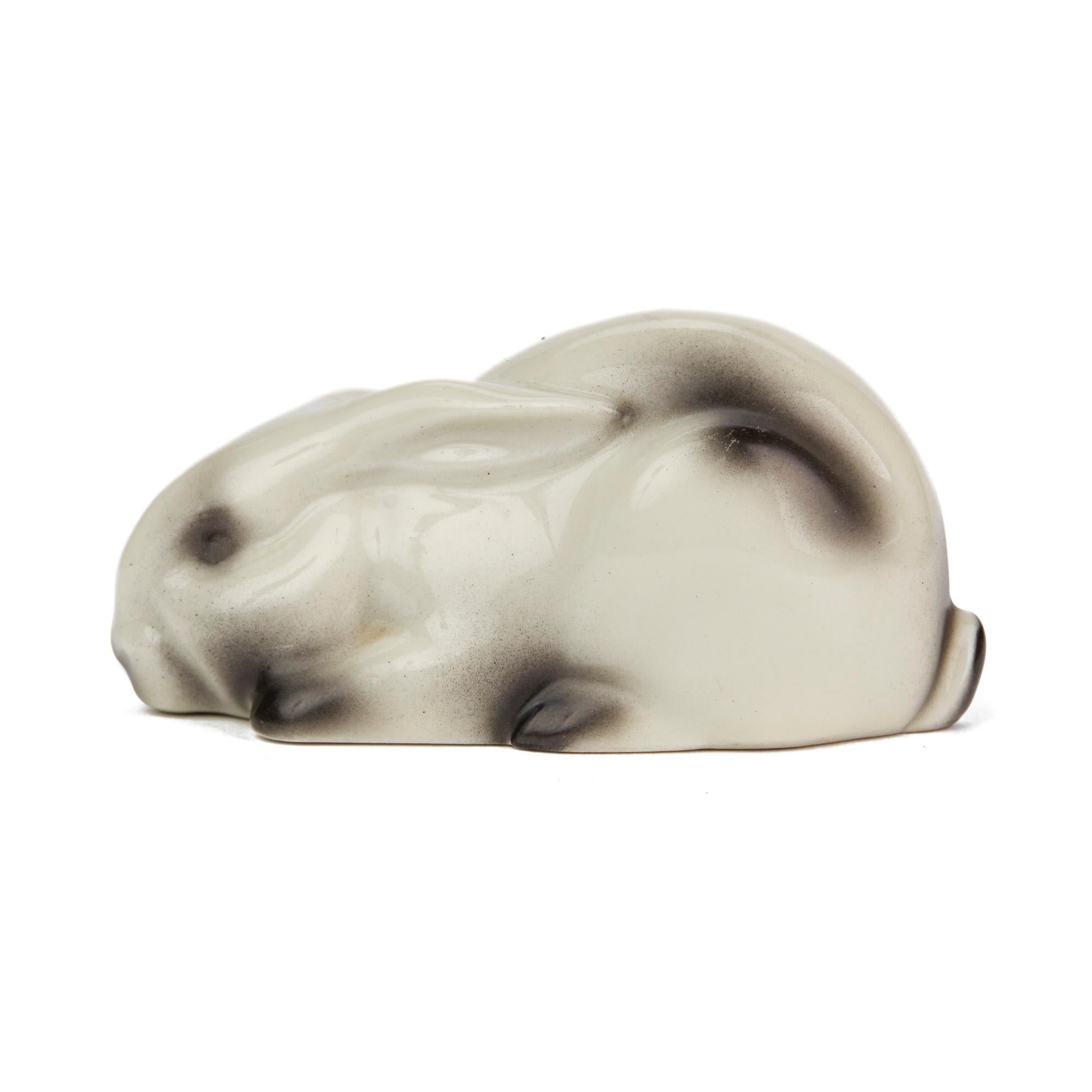 Glazed Edouard Marcel Sandoz Swiss Langenthal Porcelain Lying Rabbit Figure, 1948 For Sale