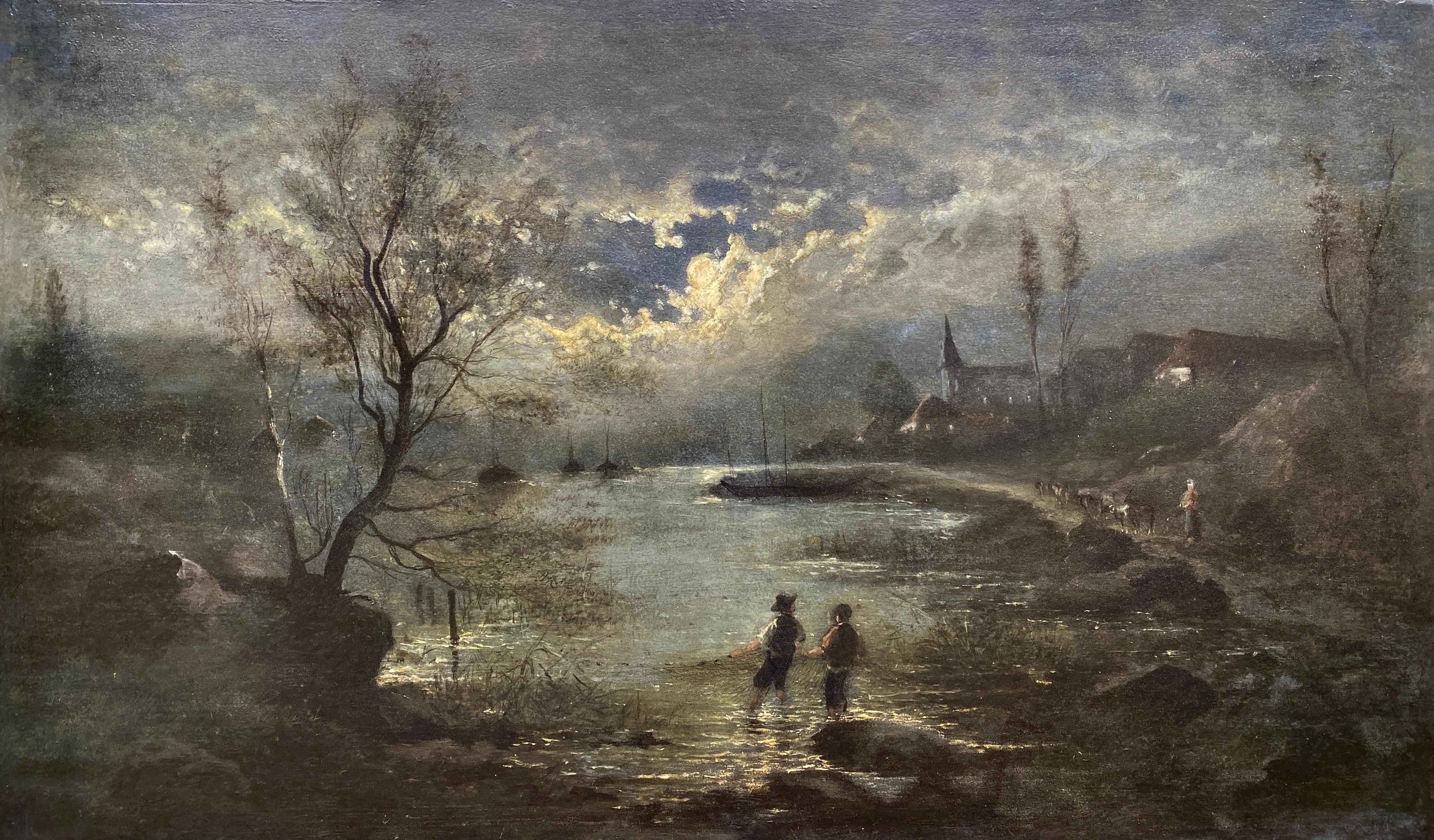 Moerenhout Edouard
Belgian Painter
Late 19th Century

"Fishing in the River Meuse"
Signature: Verso placed and signed "Pêcherie sur la Meuse ... E Moerenhout"
Medium: Oil on mahogany panel
Dimensions: Image size 63 x 105 cm

Biography: Moerenhout