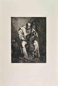 Chartreux Jouant du Violo - Aguafuerte de Edouard Moyse - Finales del siglo XIX