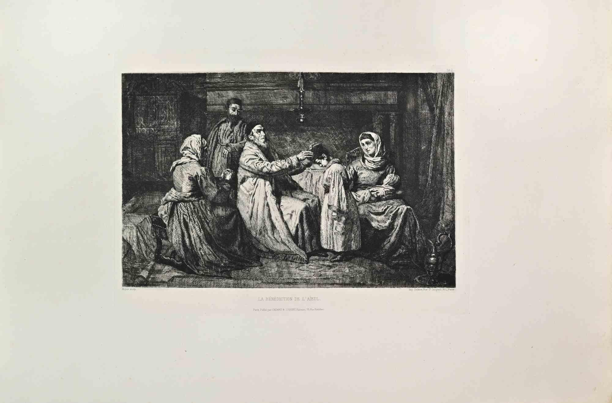 La. Benediction de l'Aieul is a black and White etching realized by Edouard Moyse in the 1860s. 

Titled in the lower.

Image size:23x31.

Very good impression with wide margins and a very fresh inking.

Realized for the "Société des Aquafortistes.