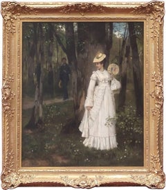 Peinture - Paysage de scène de genre du XIXe siècle avec personnages