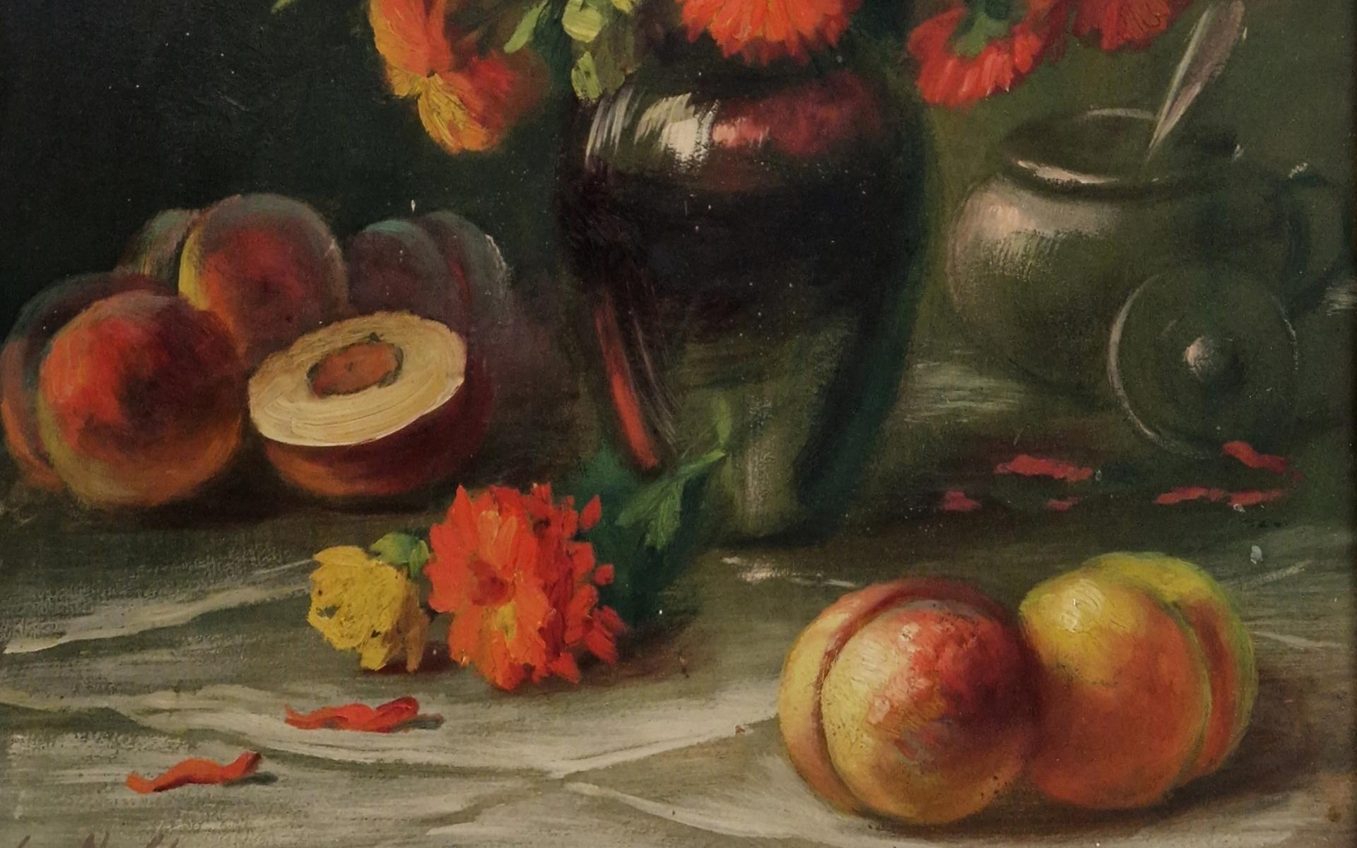 Zusammensetzung von Blumen und Pfirsichen im Angebot 2