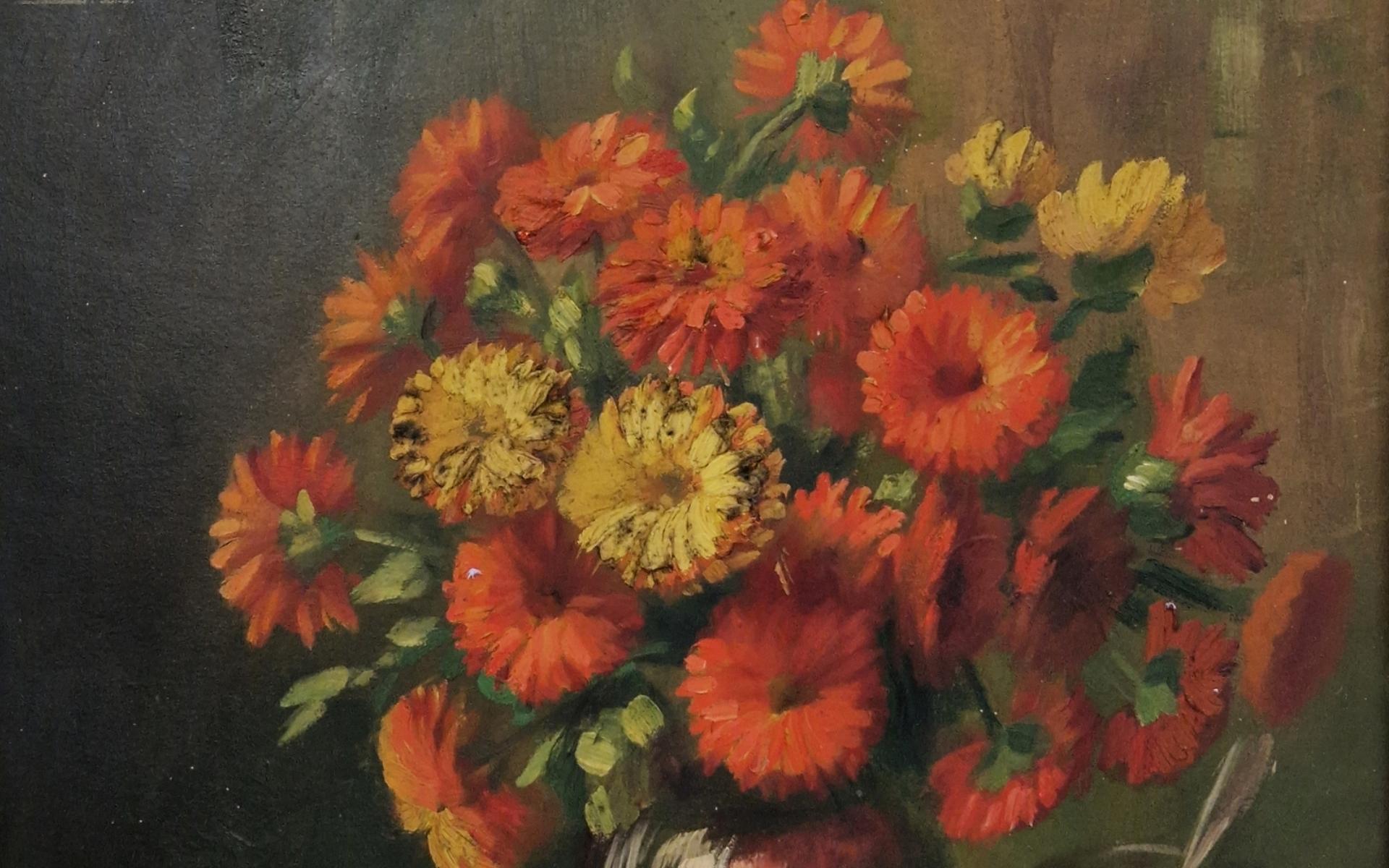 Zusammensetzung von Blumen und Pfirsichen im Angebot 3