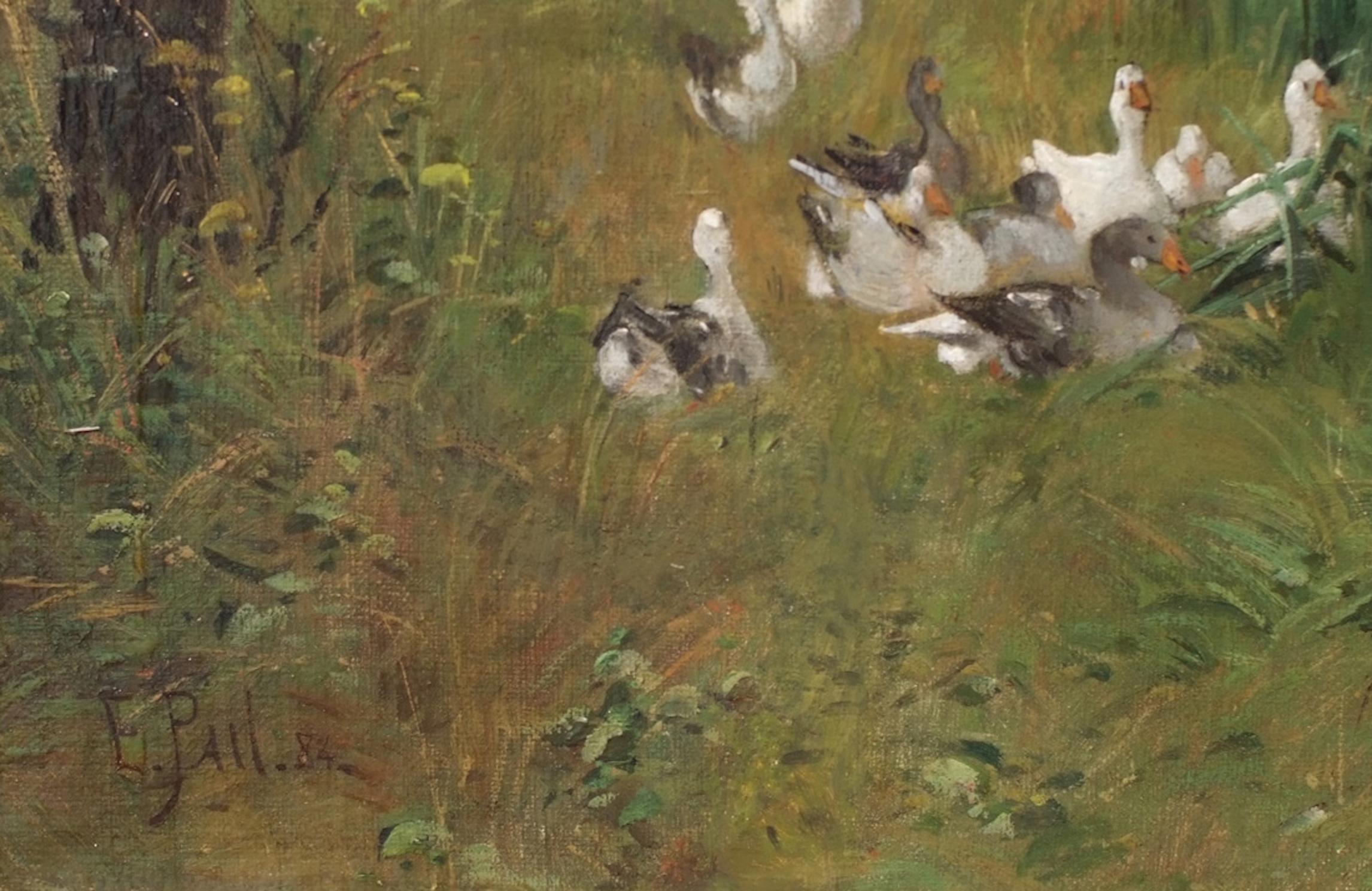 Paysage avec étang et gooses - Post-impressionnisme Painting par Edouard Pail