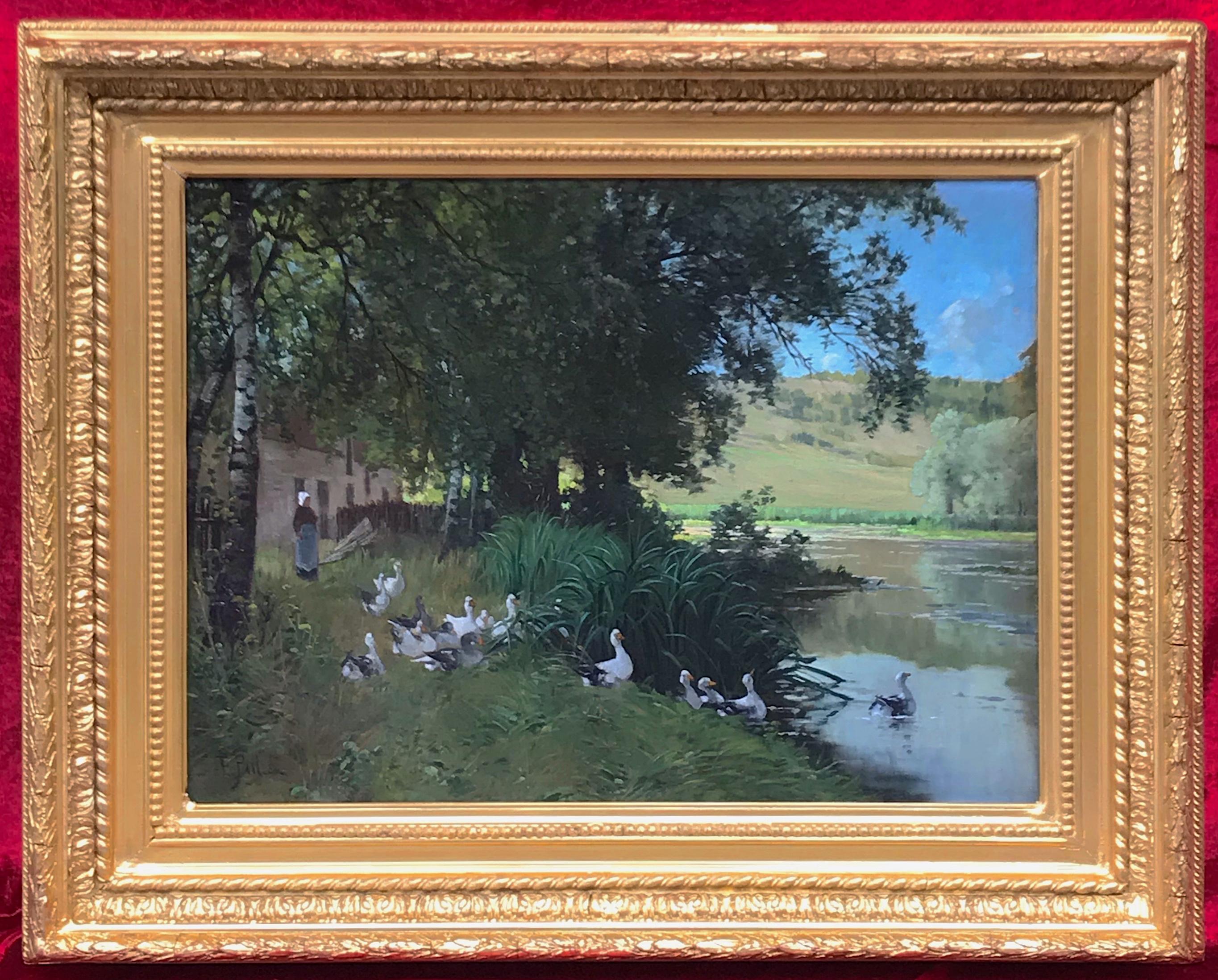 Edouard Pail Animal Painting - Landscape with pond and gooses