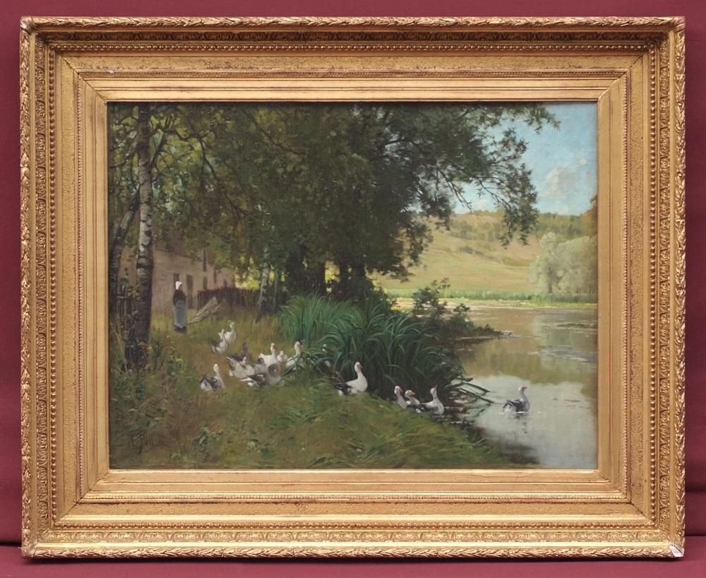 Landscape with pond and gooses - Painting by Edouard Pail