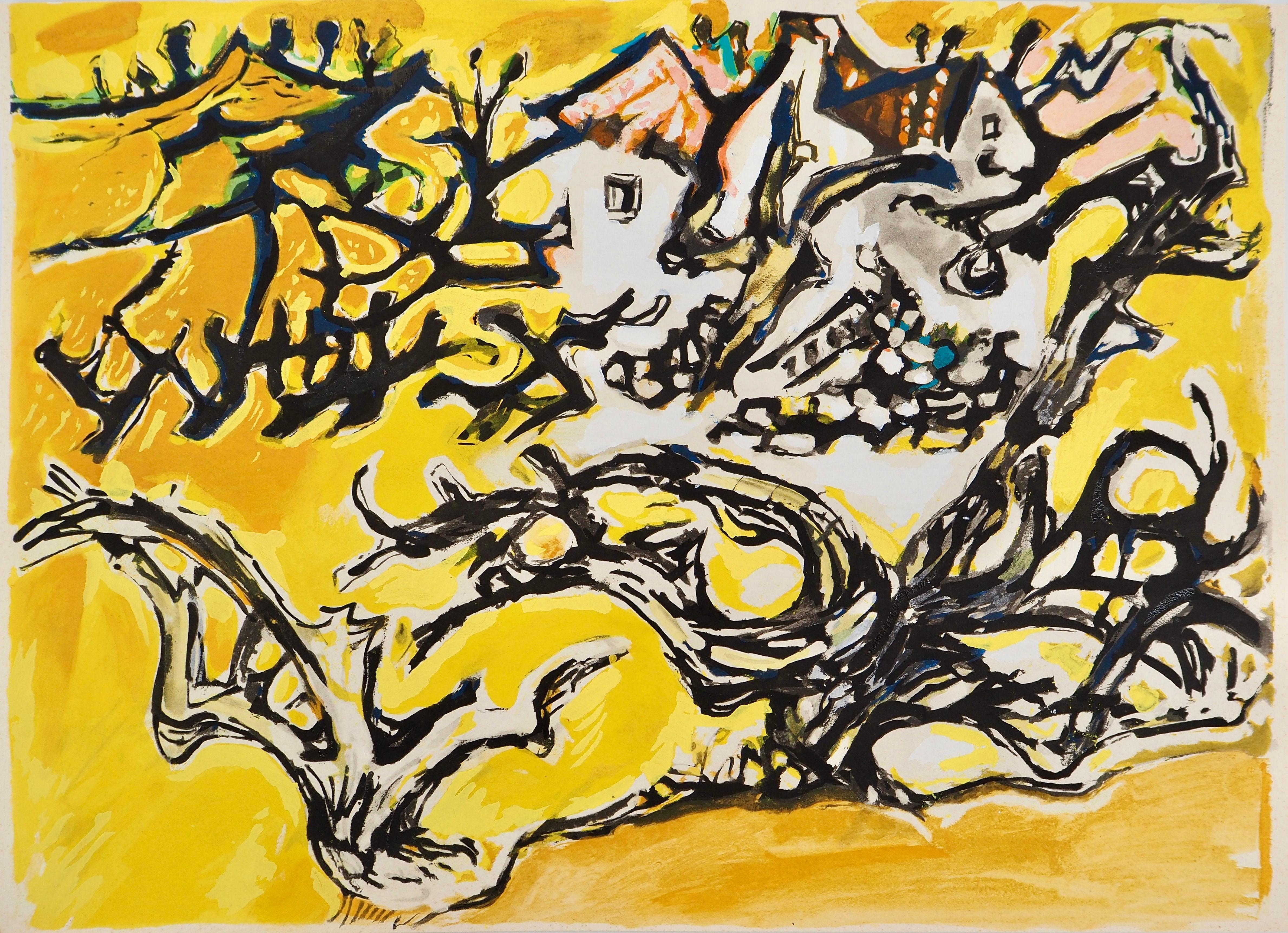 Composition, Arbres et Voiles, Édouard Pignon - Orange Landscape Print by Edouard Pignon