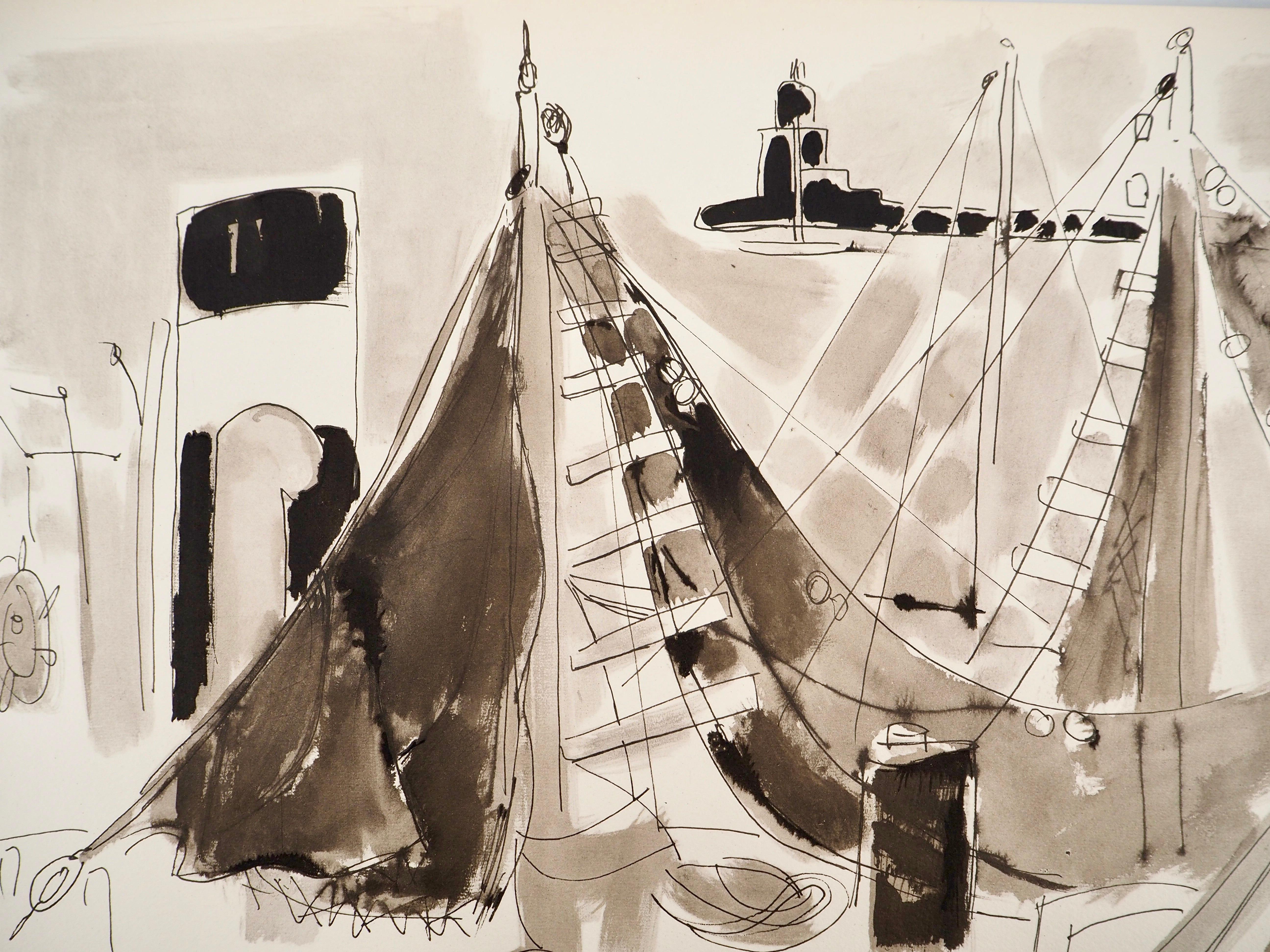 Composition, Arbres et Voiles, Édouard Pignon - Beige Figurative Print by Edouard Pignon