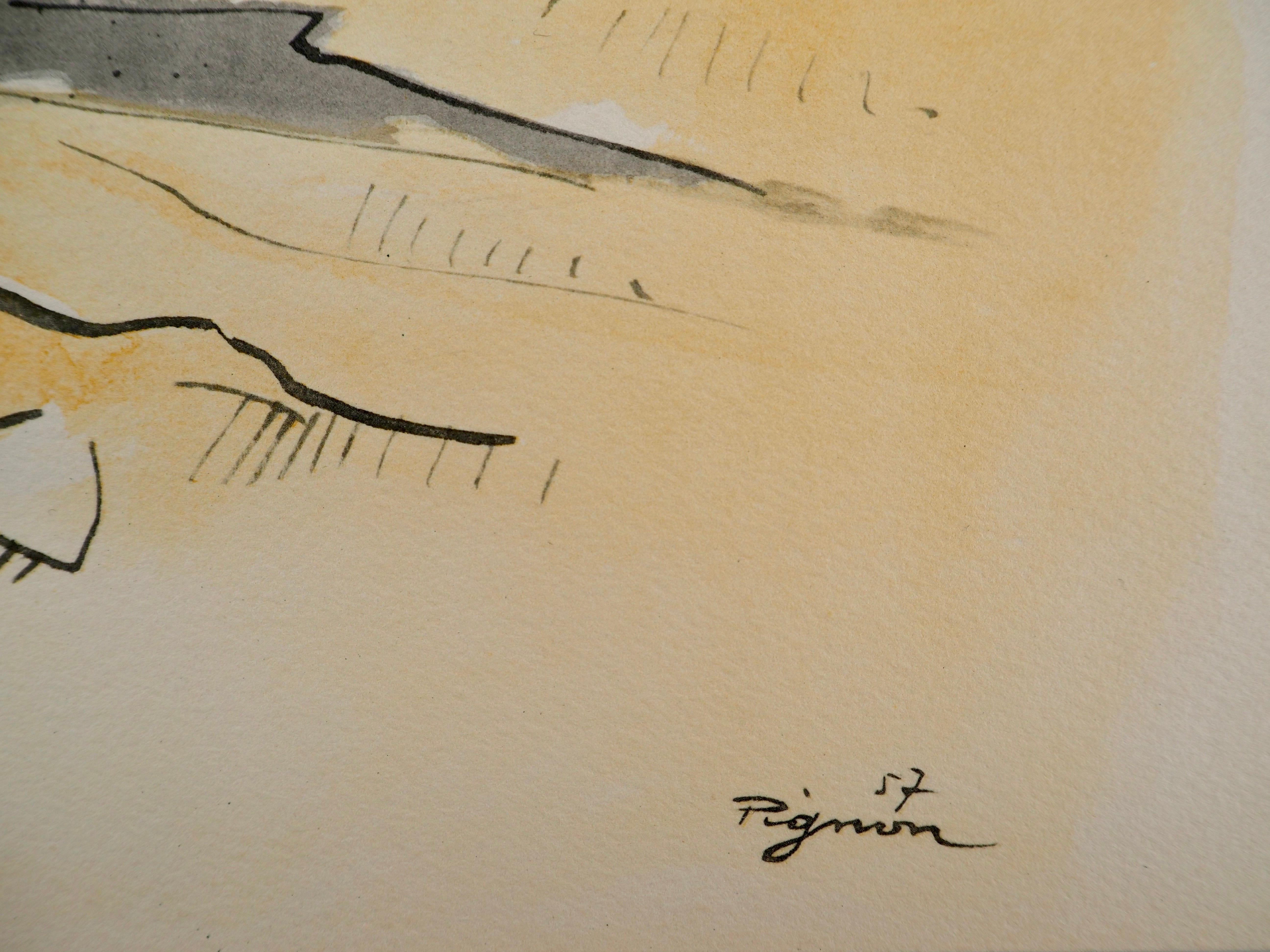 Composition, Arbres et Voiles, Édouard Pignon - Beige Landscape Print by Edouard Pignon