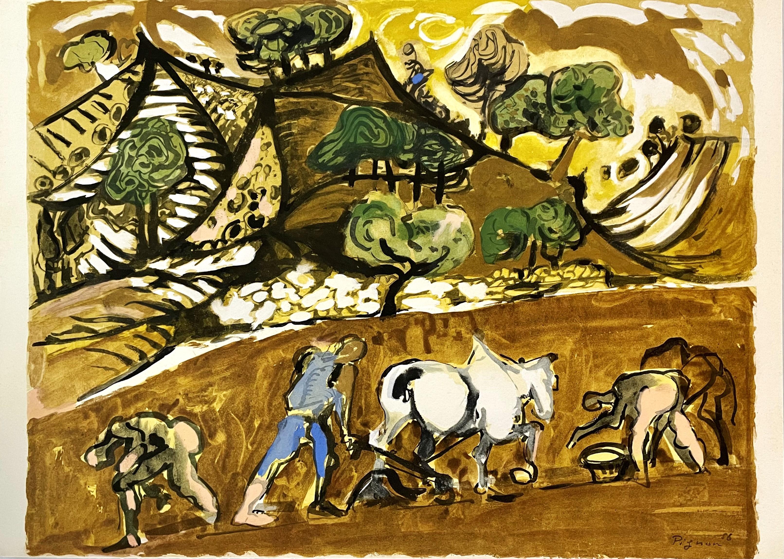 Lithographie und Schablone auf Grand Velin d'Arches Papier. Beschriftung: in der Platte signiert und nicht nummeriert, wie ausgegeben. Guter Zustand. Anmerkungen: aus dem Folio, Édouard Pignon, Arbres et Voiles, 1957. Herausgegeben von Au Vent