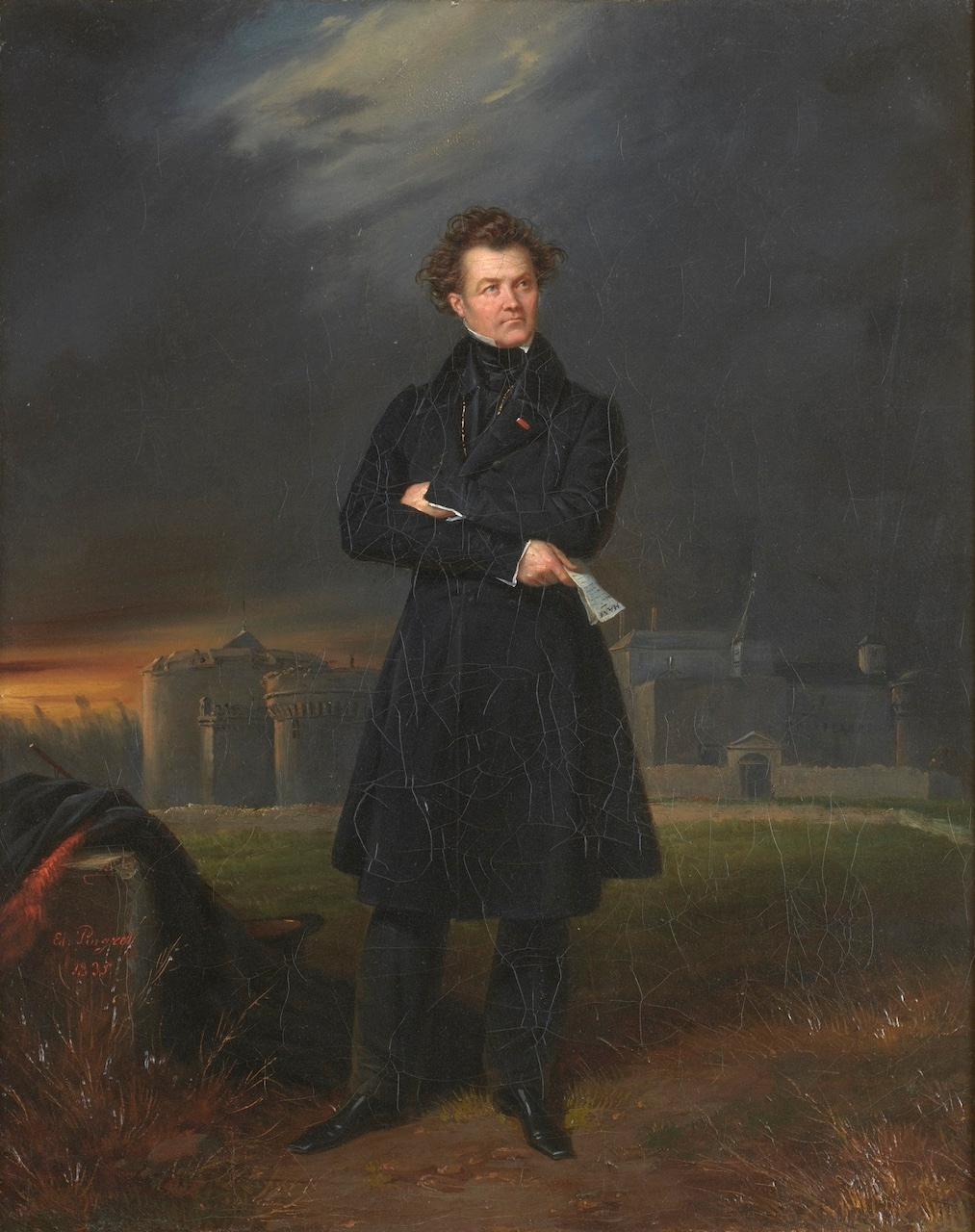 Presumed portrait of Athanase Peltier in front of the Fort of Ham - France - Painting by Edouard Pingret
