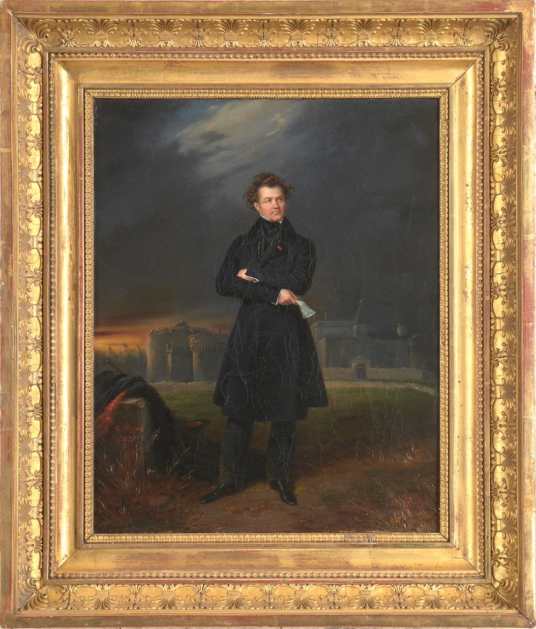 Edouard Pingret Portrait Painting - Presumed portrait of Athanase Peltier in front of the Fort of Ham - France