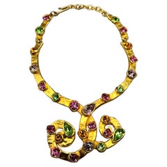 Edouard Rambaud 1980s Gold & Pastel Rhinestone Torque Style Necklace