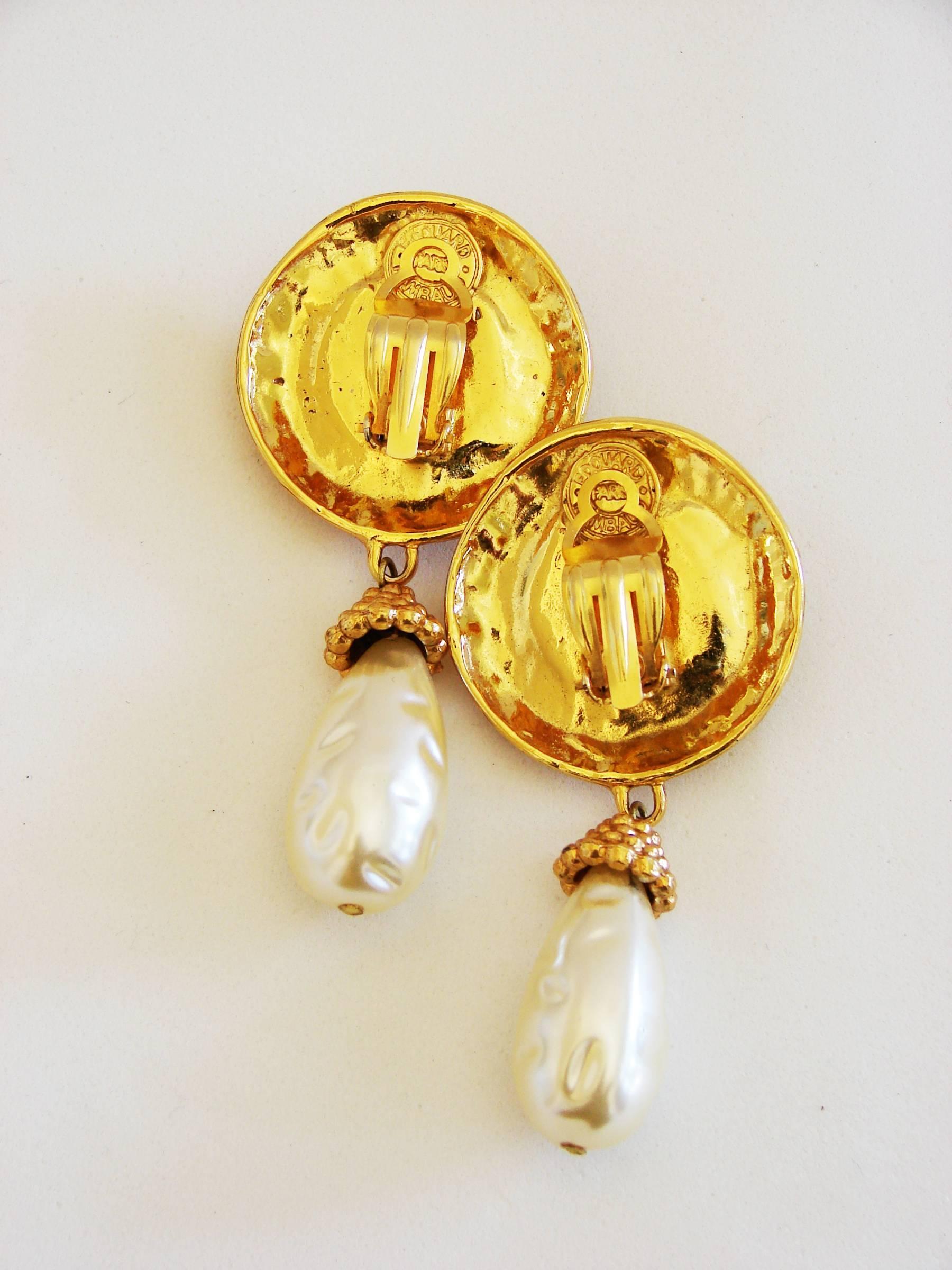 Edouard Rambaud Baroque Pearl Dangle Earrings Clip Style 1970s 1