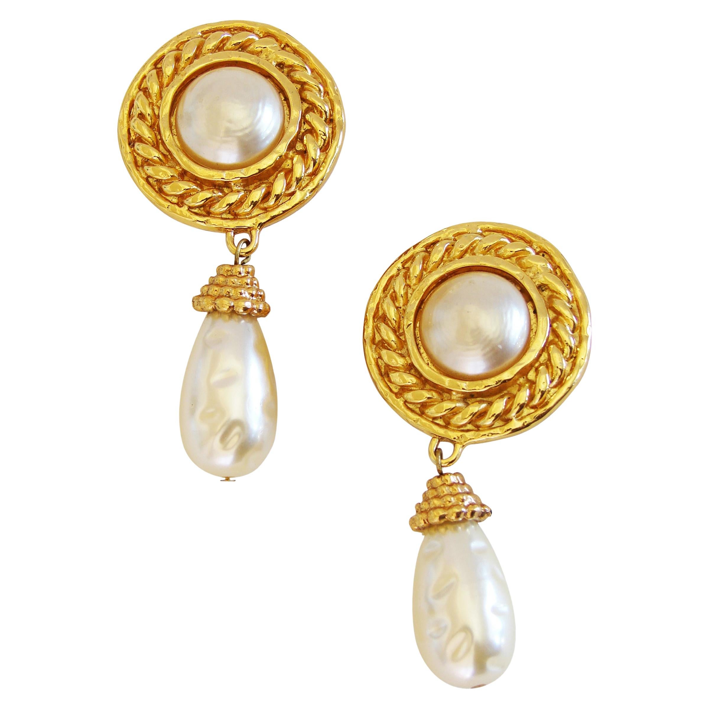 Edouard Rambaud Baroque Pearl Dangle Earrings Clip Style 1970s