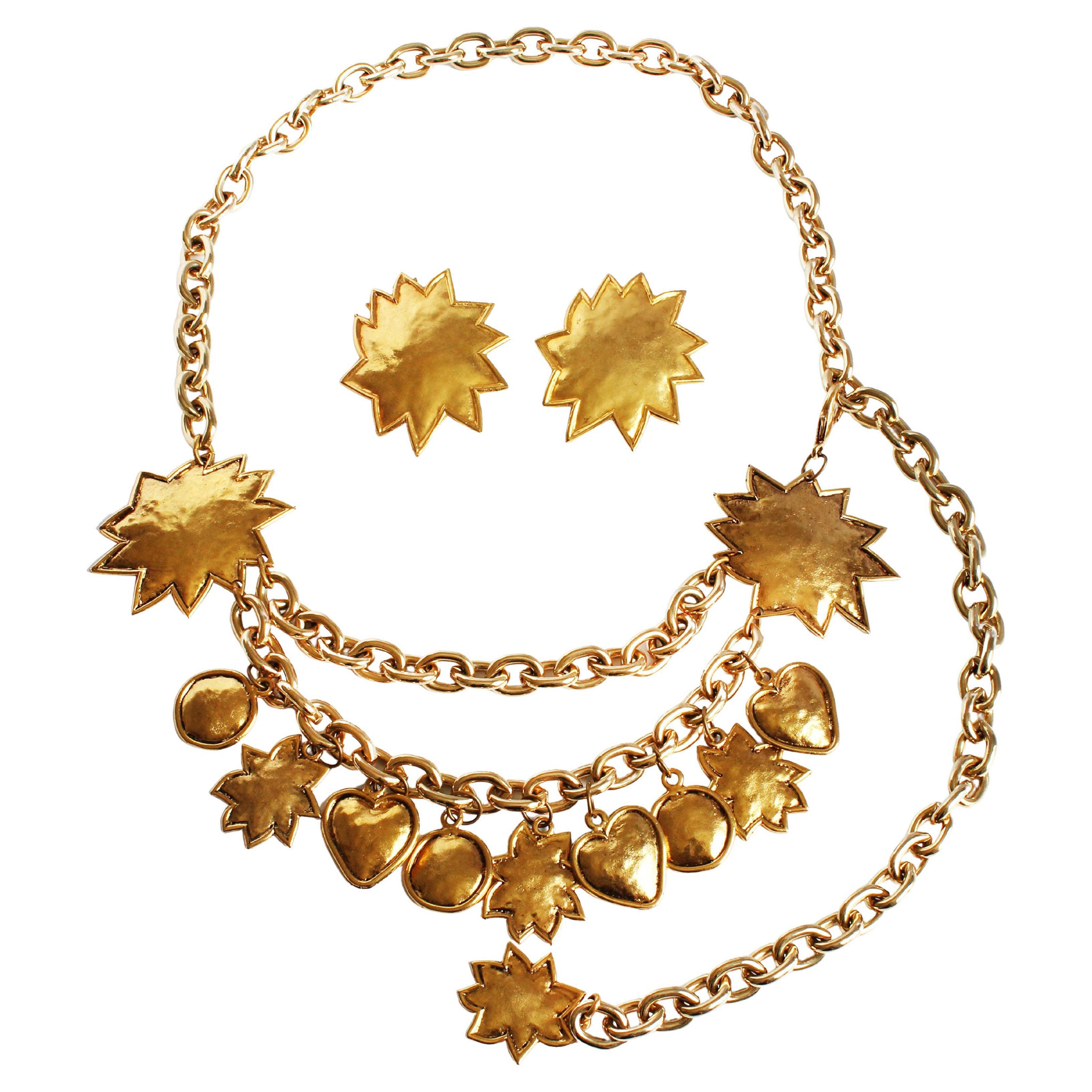 Edouard Rambaud Ceinture et Boucles d'oreilles 3pc Set Chain Charms Hearts Stars France 80s en vente