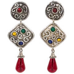 Vintage Edouard Rambaud Byzantine Dangle Clip Earrings with Red Glass Drop