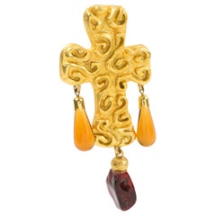 Edouard Rambaud Byzantine Dangle Cross Brooch Amber Resin Drop