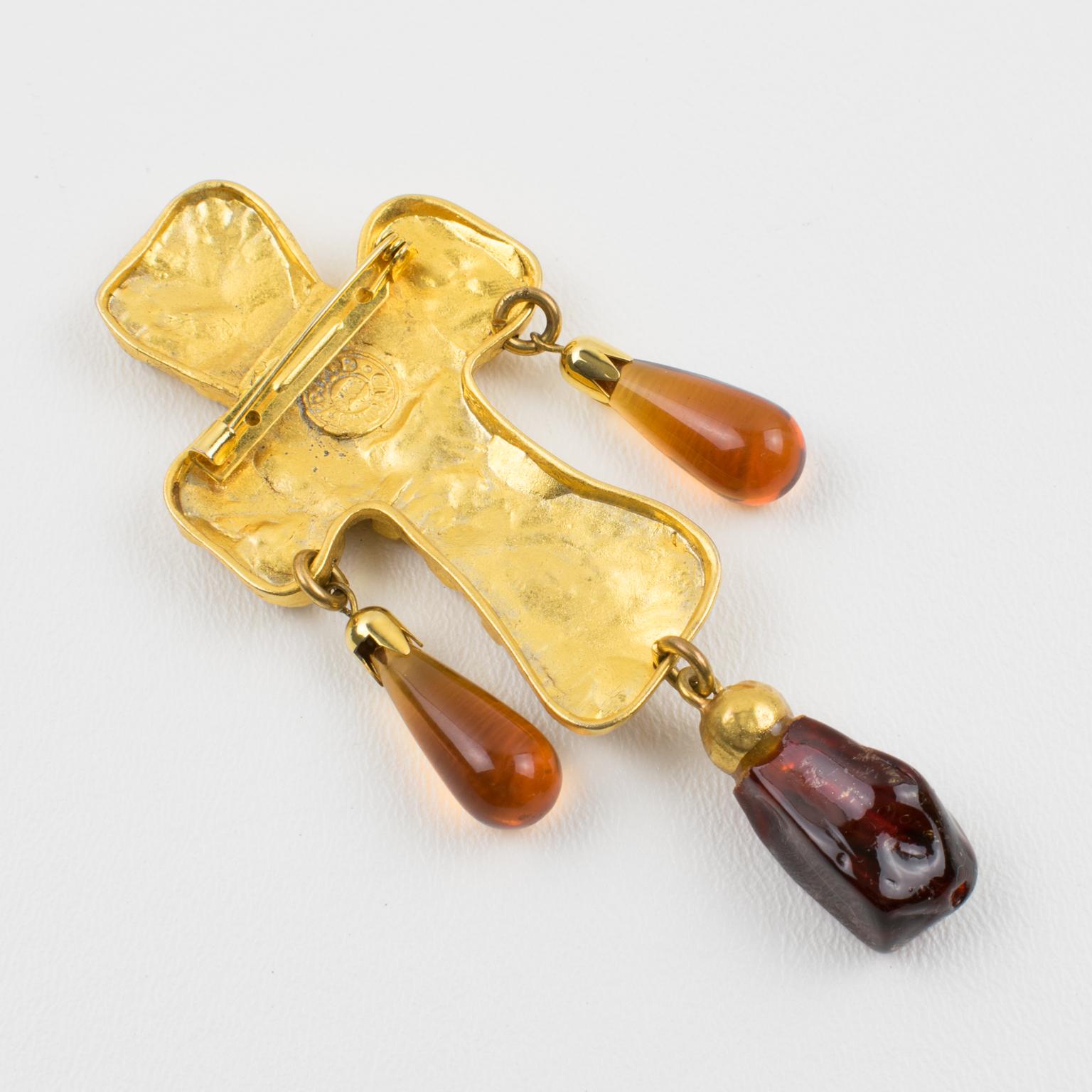 Edouard Rambaud Byzantine Dangle Cross Pin Brooch Amber Resin Drop In Excellent Condition For Sale In Atlanta, GA