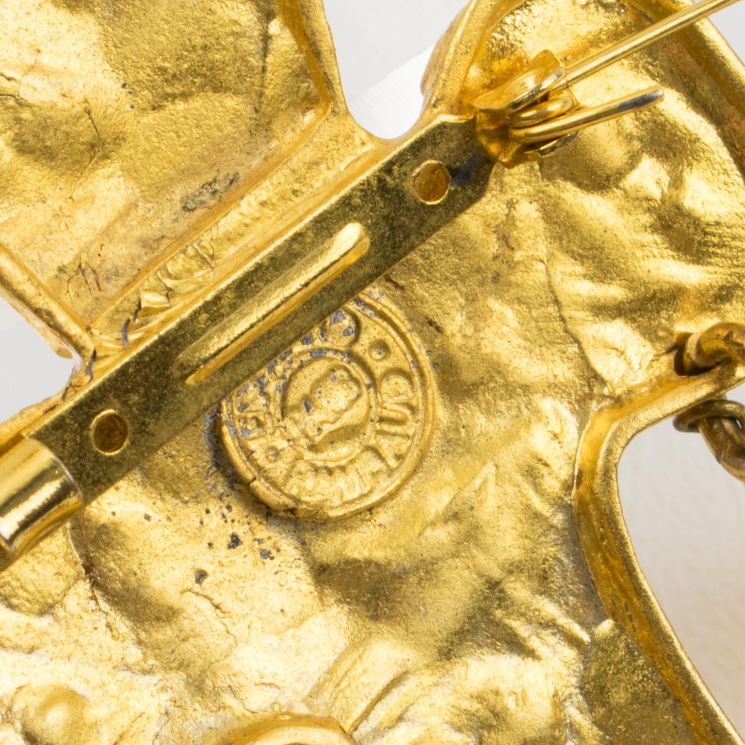 Women's or Men's Edouard Rambaud Byzantine Dangle Cross Pin Brooch Amber Resin Drop For Sale
