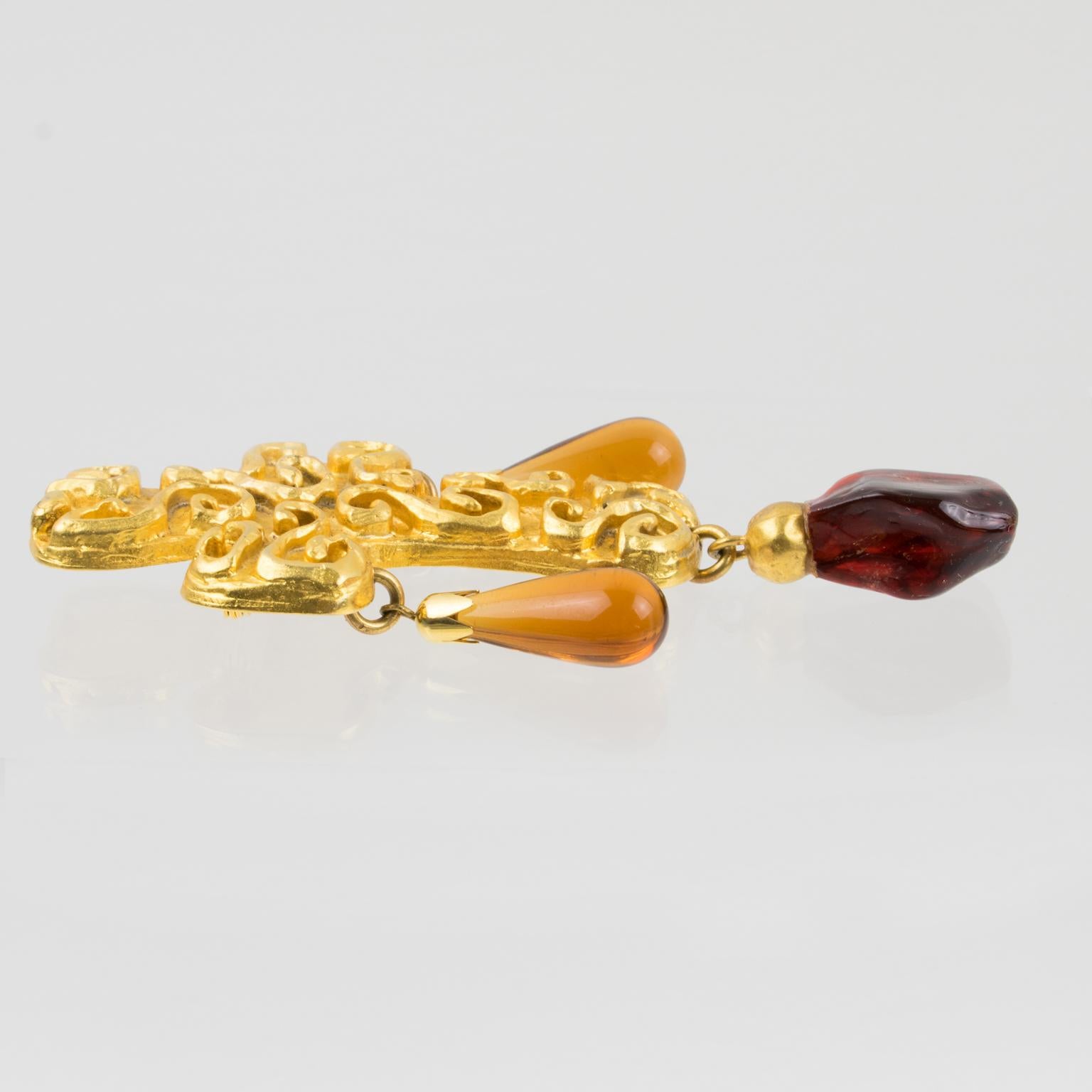 Edouard Rambaud Byzantine Dangle Cross Pin Brooch Amber Resin Drop For Sale 1