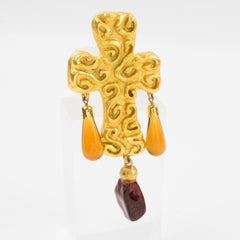 Edouard Rambaud Byzantine Gilded Metal Cross Brooch with Amber Resin Drops
