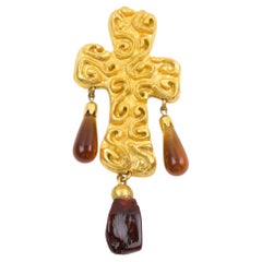 Edouard Rambaud Byzantine Gilded Metal Cross Brooch with Amber Resin Drops