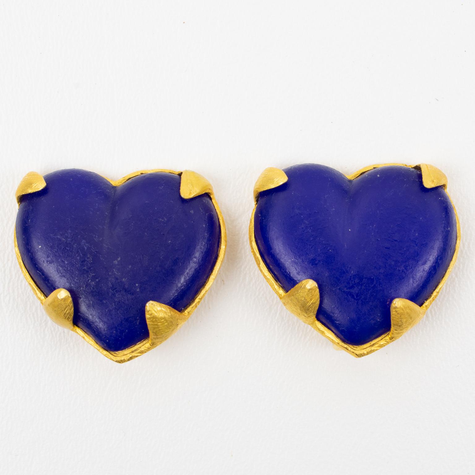 Modernist Edouard Rambaud Gilt Metal and Cobalt Blue Resin Heart Clip Earrings