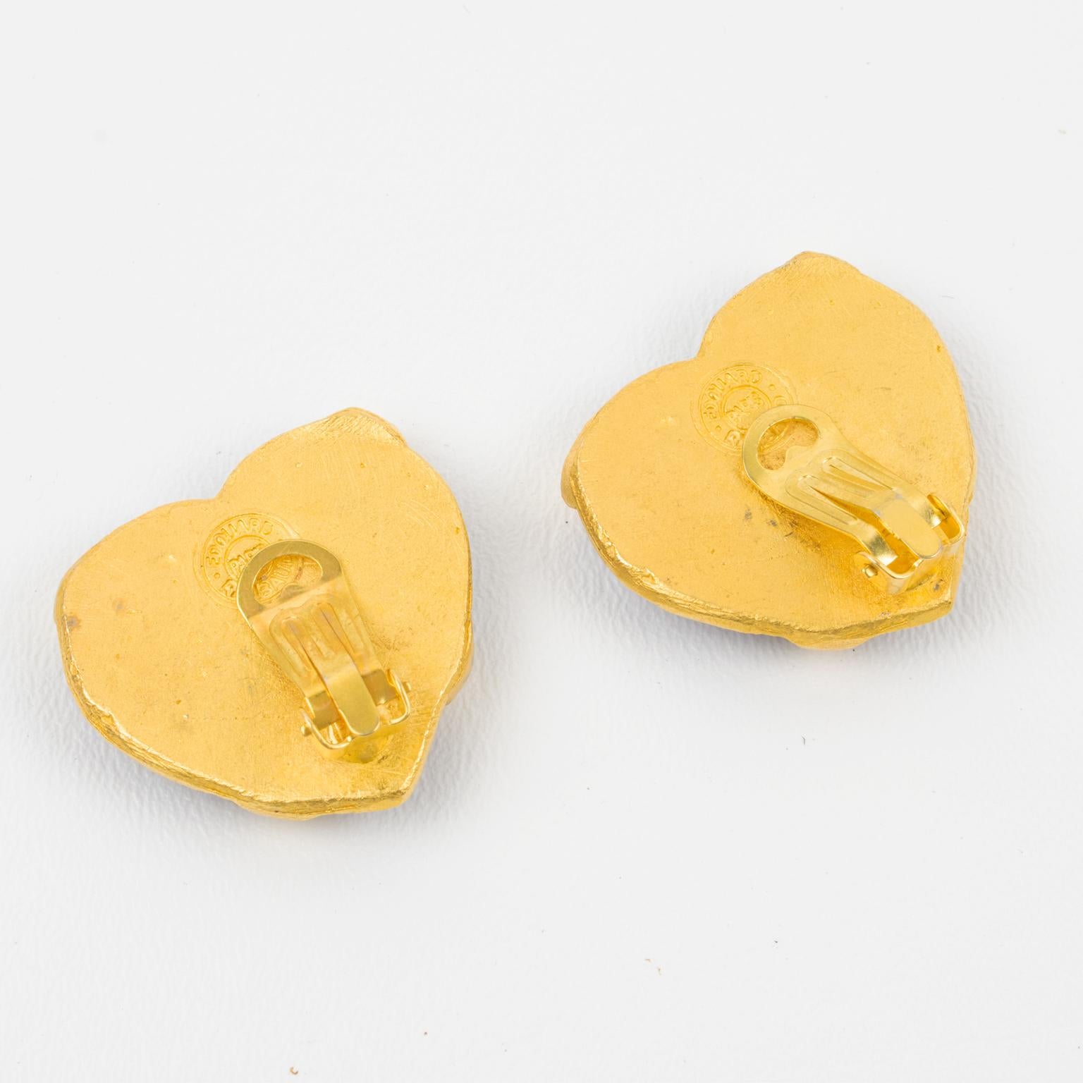 Edouard Rambaud Gilt Metal and Cobalt Blue Resin Heart Clip Earrings In Excellent Condition In Atlanta, GA