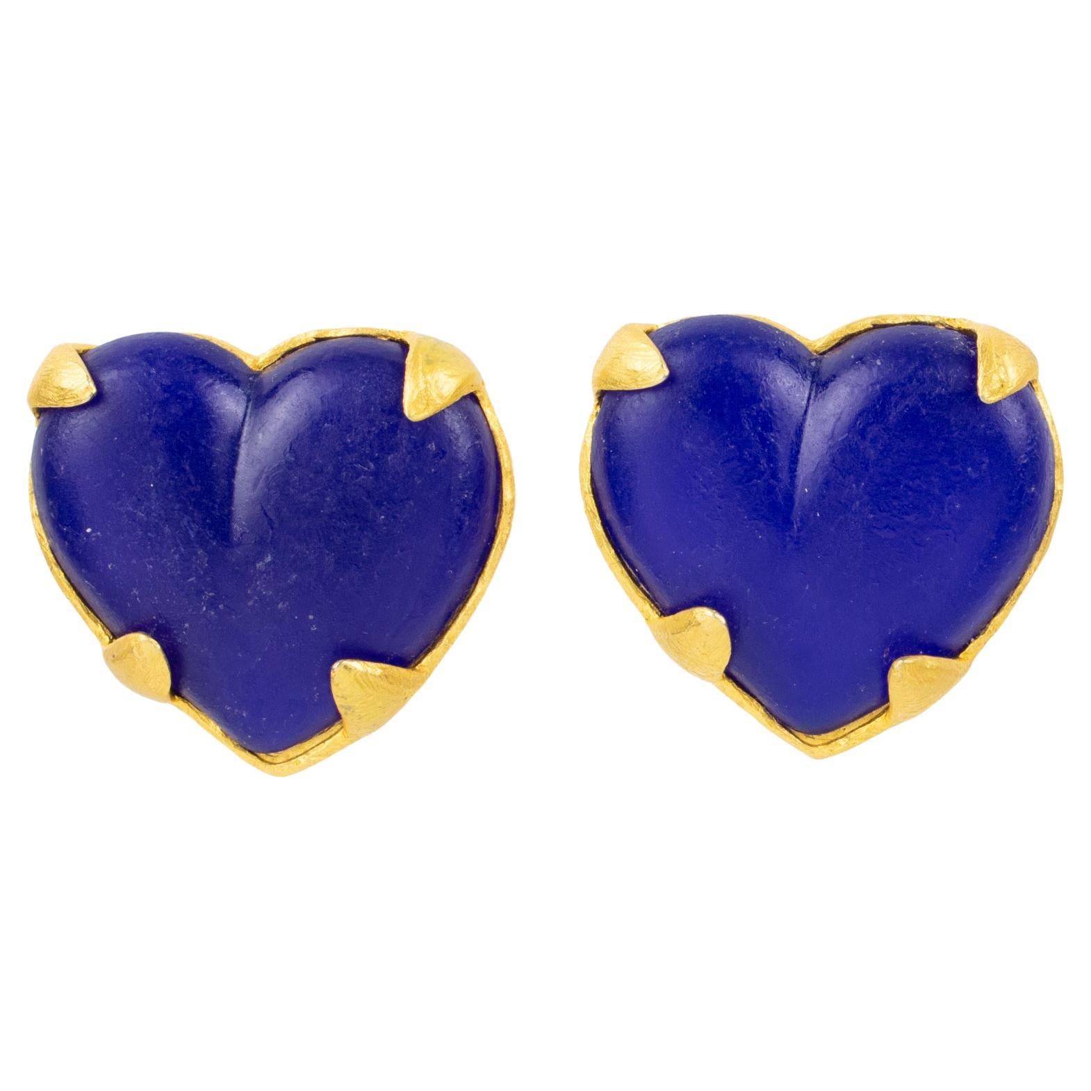 Edouard Rambaud Gilt Metal and Cobalt Blue Resin Heart Clip Earrings