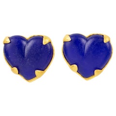 Vintage Edouard Rambaud Gilt Metal and Cobalt Blue Resin Heart Clip Earrings