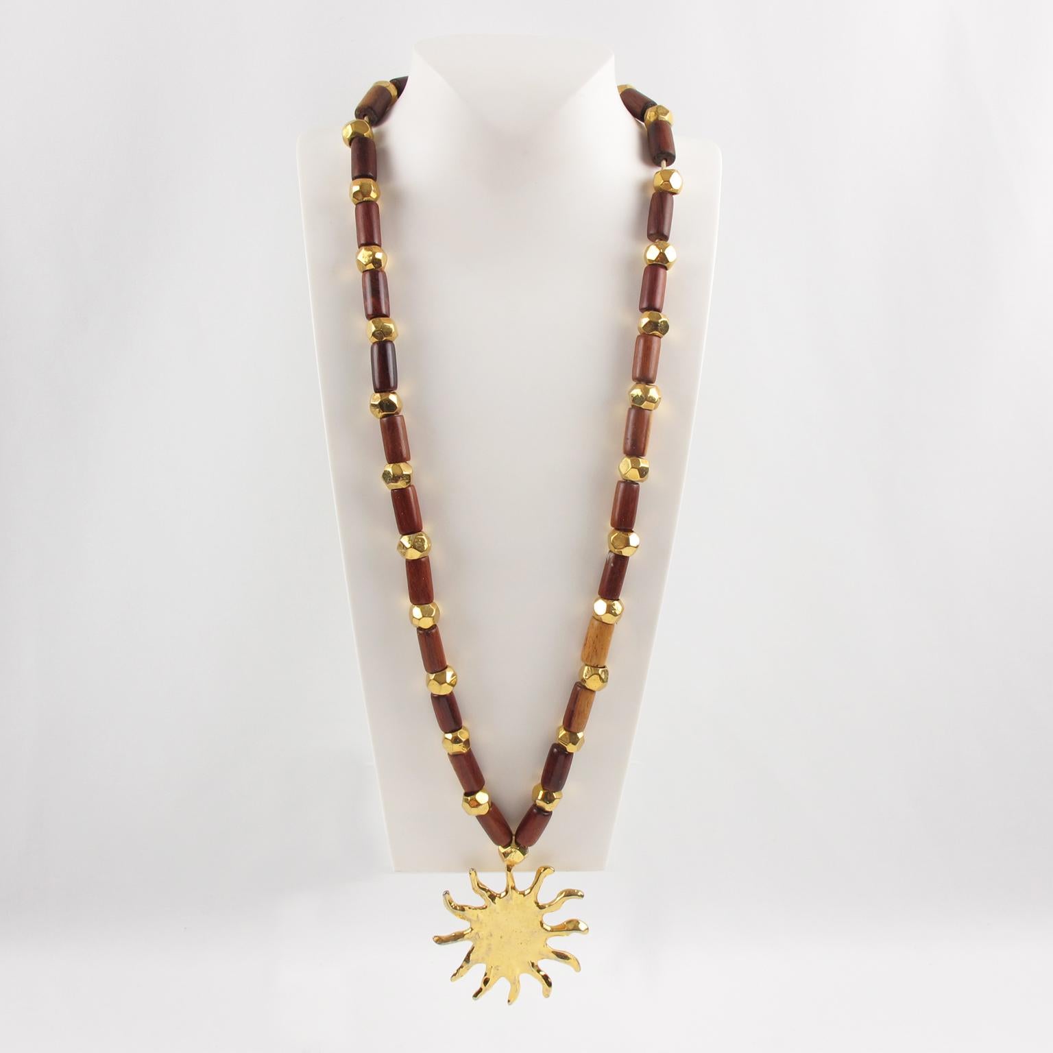 Edouard Rambaud Gilt Metal and Wood Necklace with Sun Pendant In Good Condition In Atlanta, GA