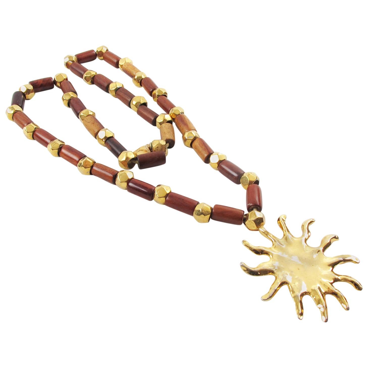 Edouard Rambaud Gilt Metal and Wood Necklace with Sun Pendant