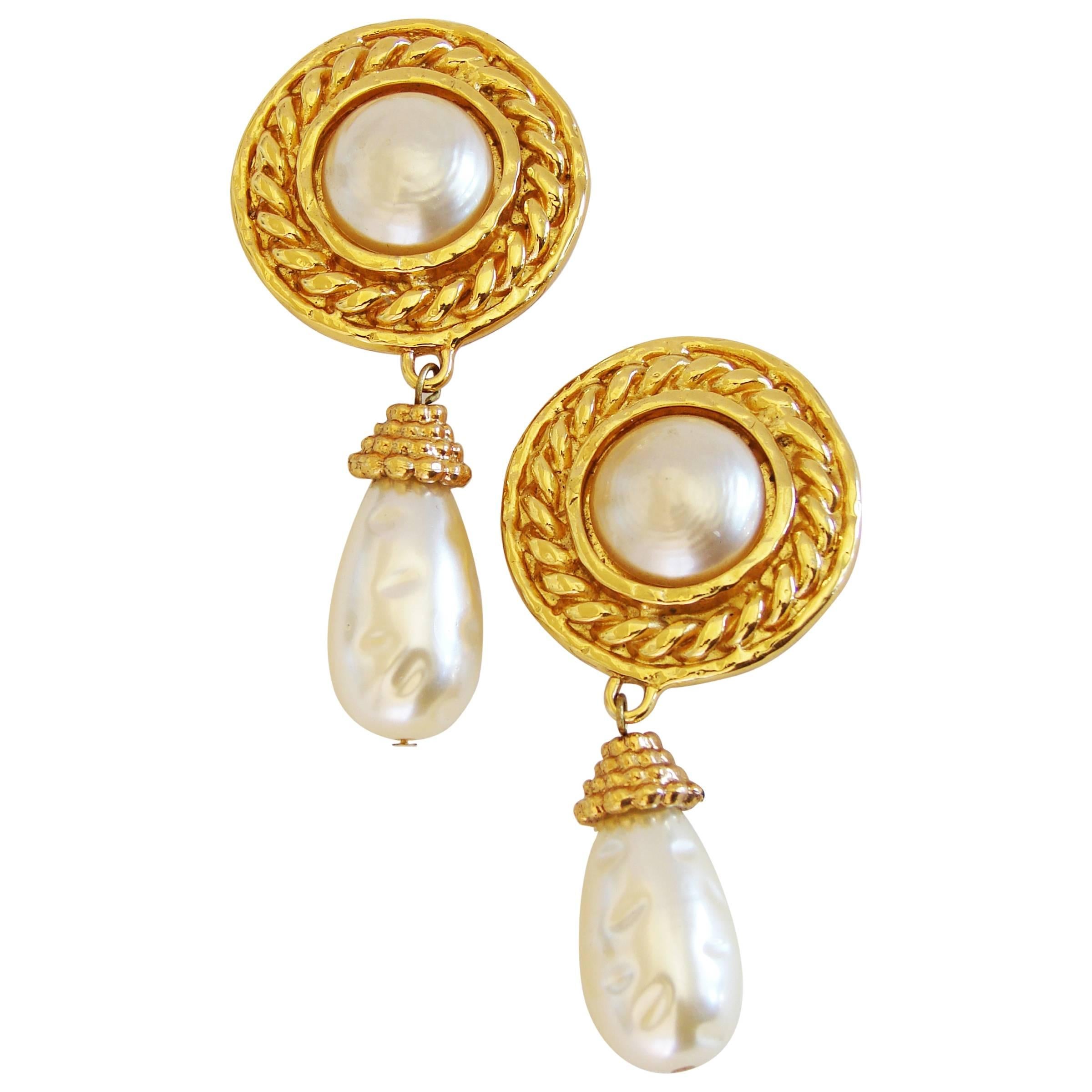 Edouard Rambaud Large Clip Style Baroque Pearl Dangle Earrings, 1970s For Sale