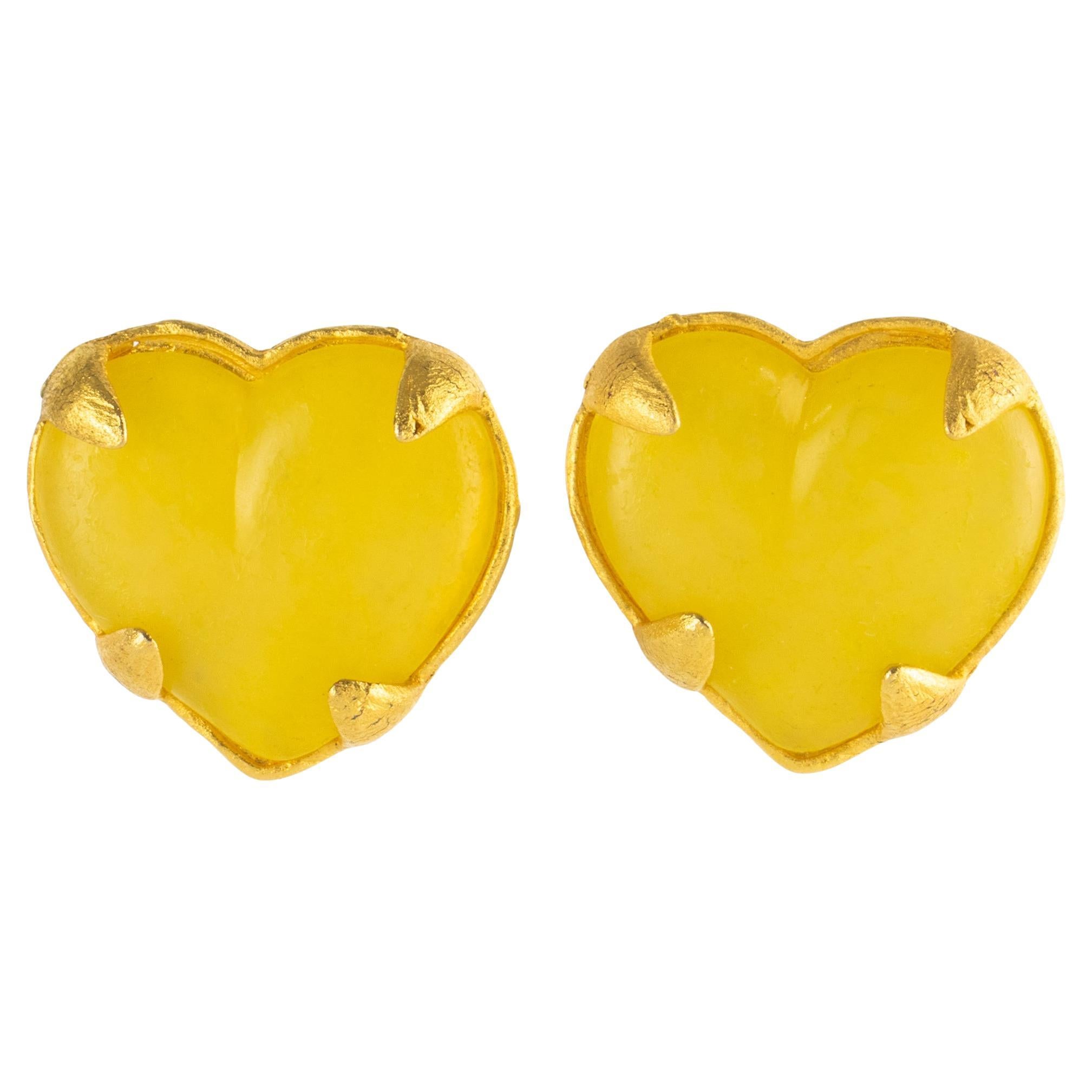 Edouard Rambaud Paris Citrus Yellow Acrylic Gilded Heart Clip-on Earrings For Sale