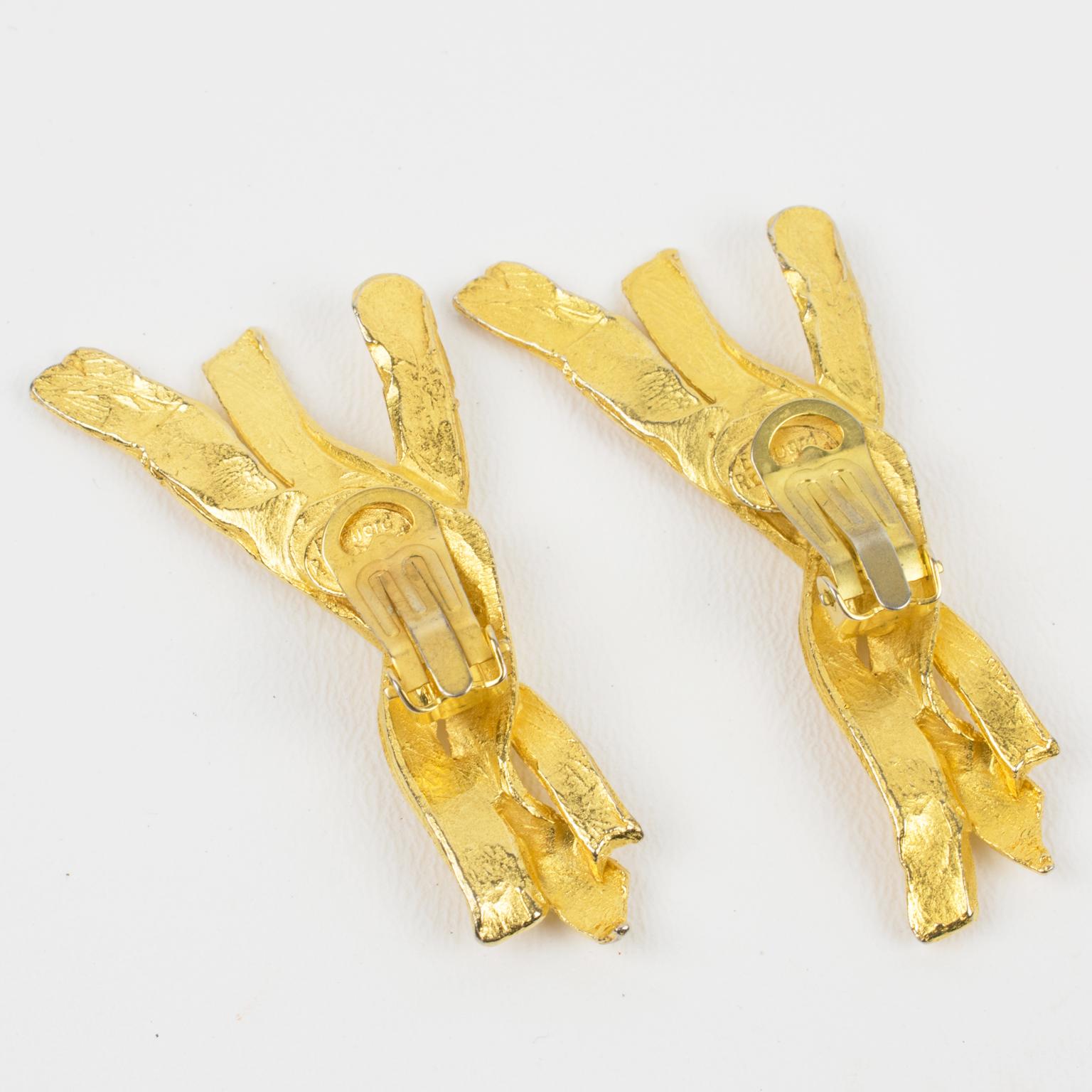 Modernist Edouard Rambaud Paris Clip Earrings Gilt Metal Branches For Sale