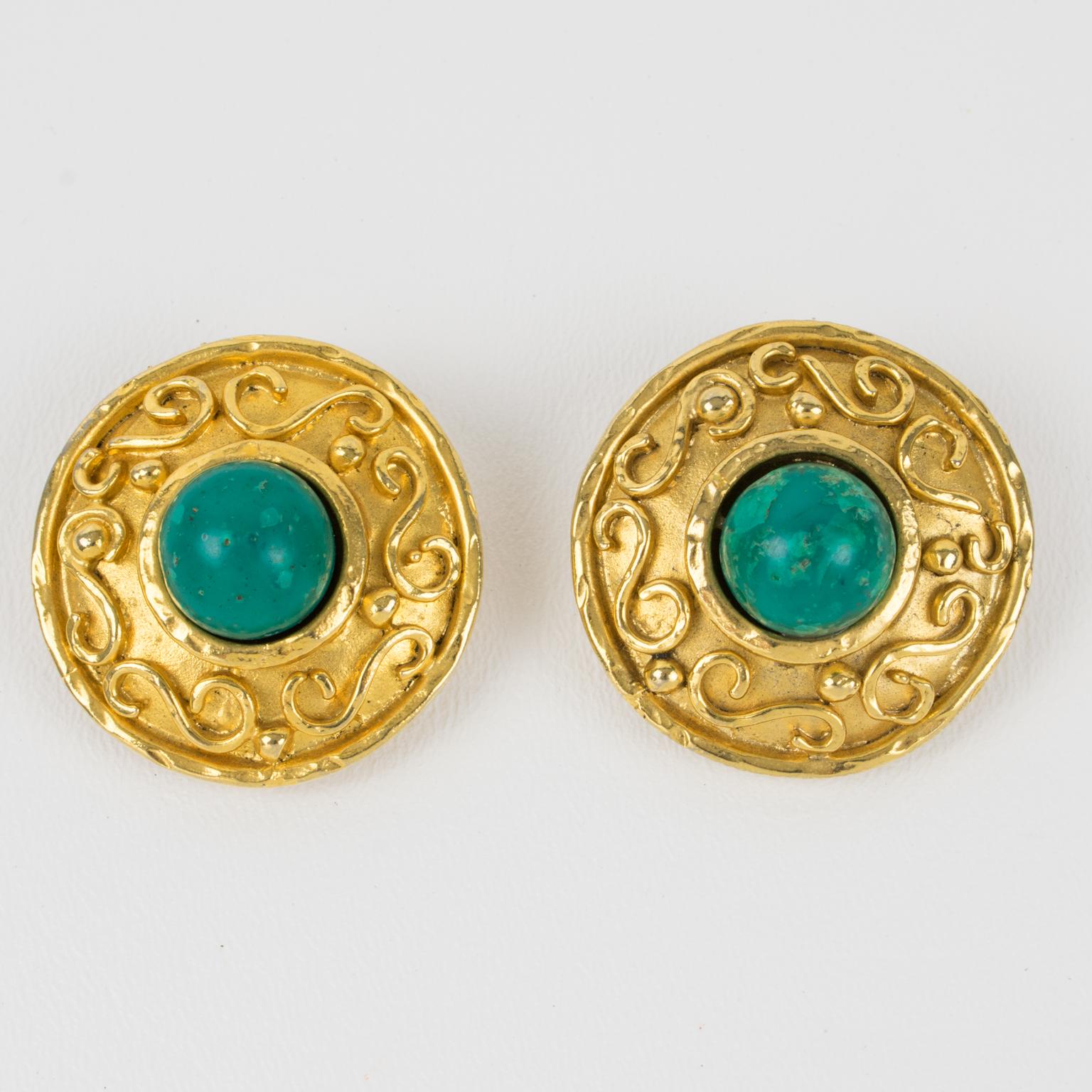 Byzantine Edouard Rambaud Paris Clip Earrings with Turquoise Resin Cabochon For Sale