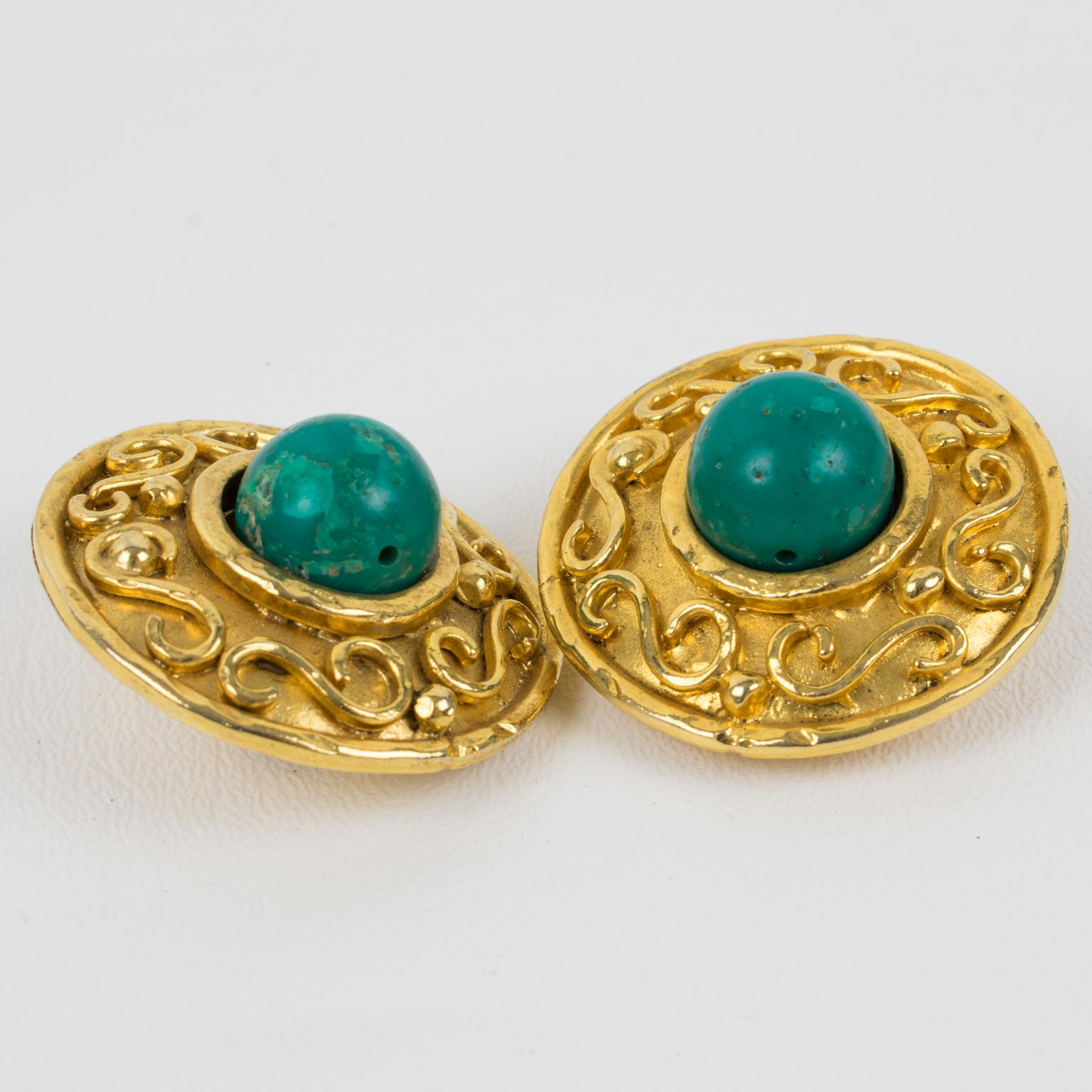 Edouard Rambaud Paris Clip Earrings with Turquoise Resin Cabochon For Sale 2